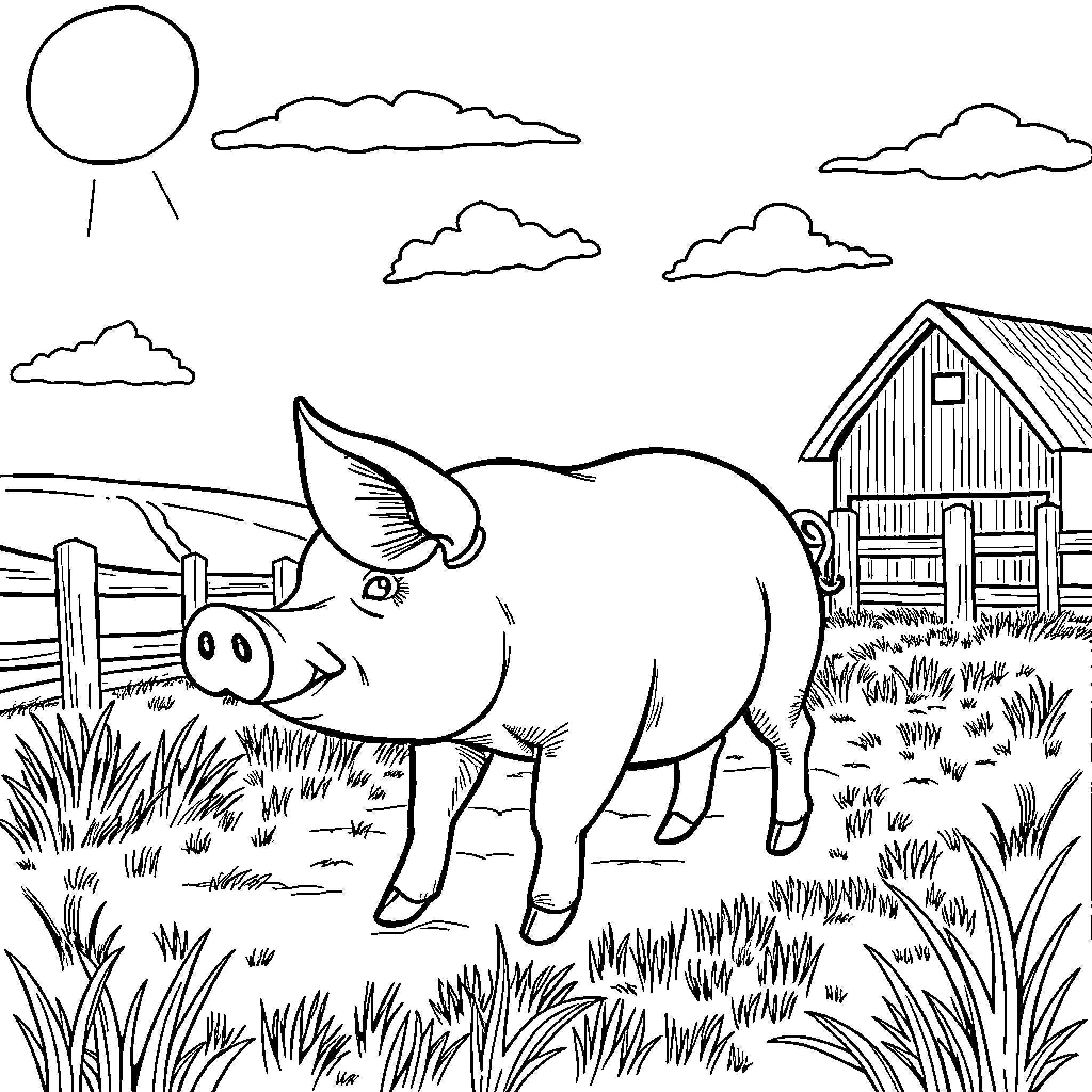 Pig grazing peacefully on a farm Coloring Page (free black-and-white line drawing printable PDF for all, from beginners to advanced learners, including children, teens, adults, and seniors)