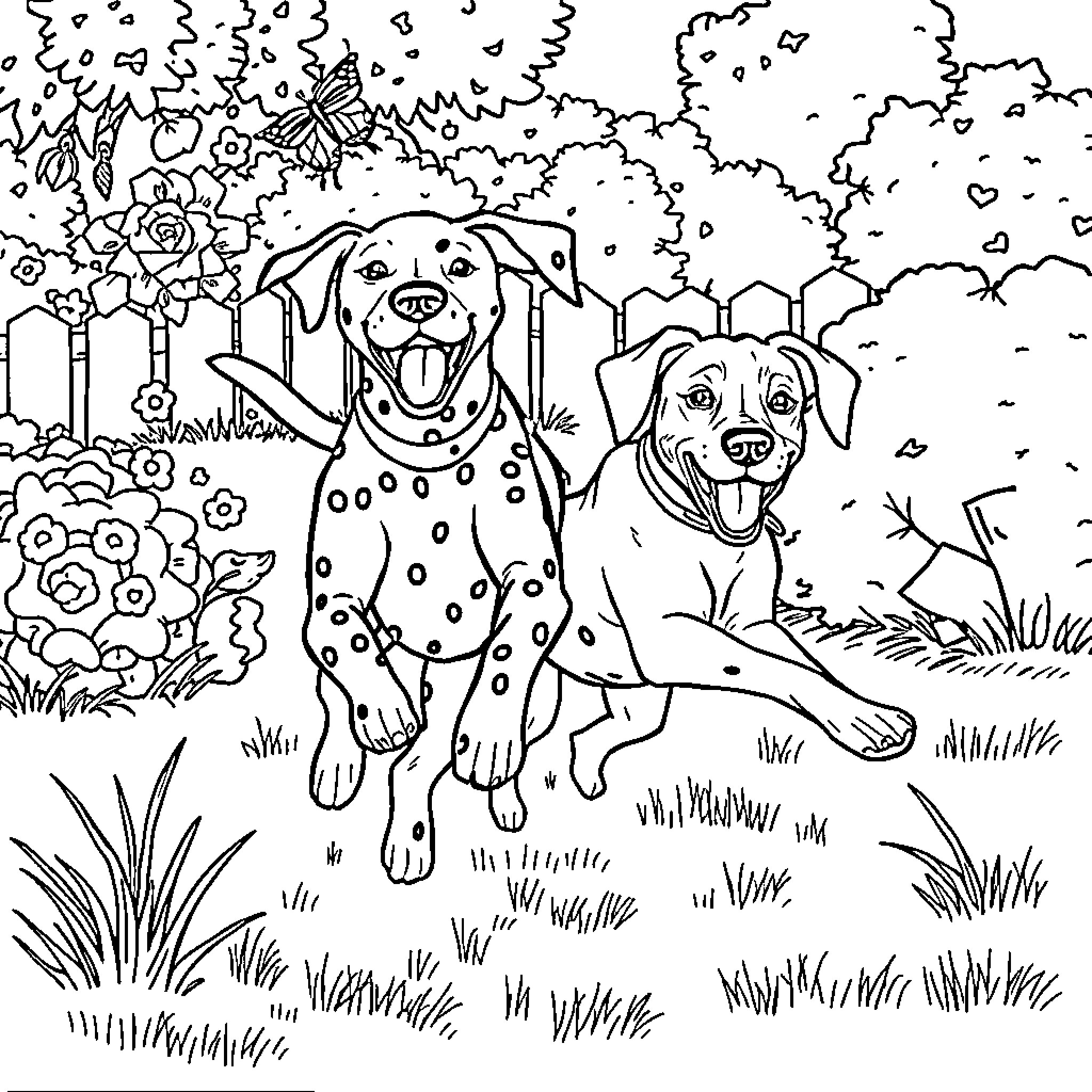 Dog playful friends in garden Coloring Page (free black-and-white line drawing printable PDF for all, from beginners to advanced learners, including children, teens, adults, and seniors)
