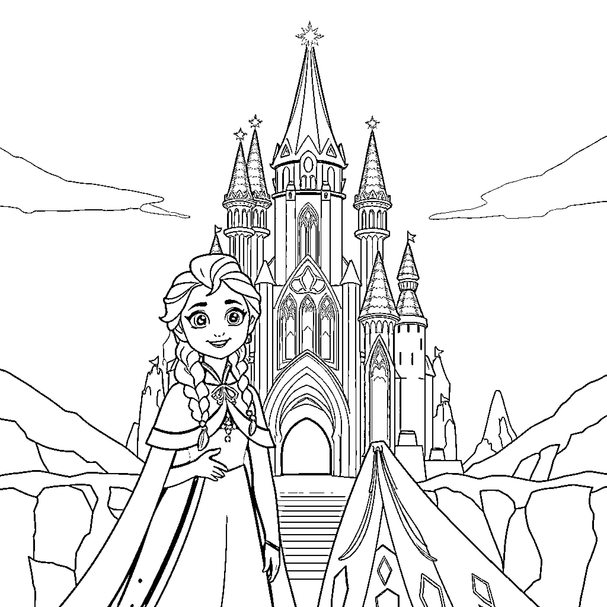 Elsa at the Enchanted Castle Coloring Page (free black-and-white line drawing printable PDF for all, from beginners to advanced learners, including children, teens, adults, and seniors)