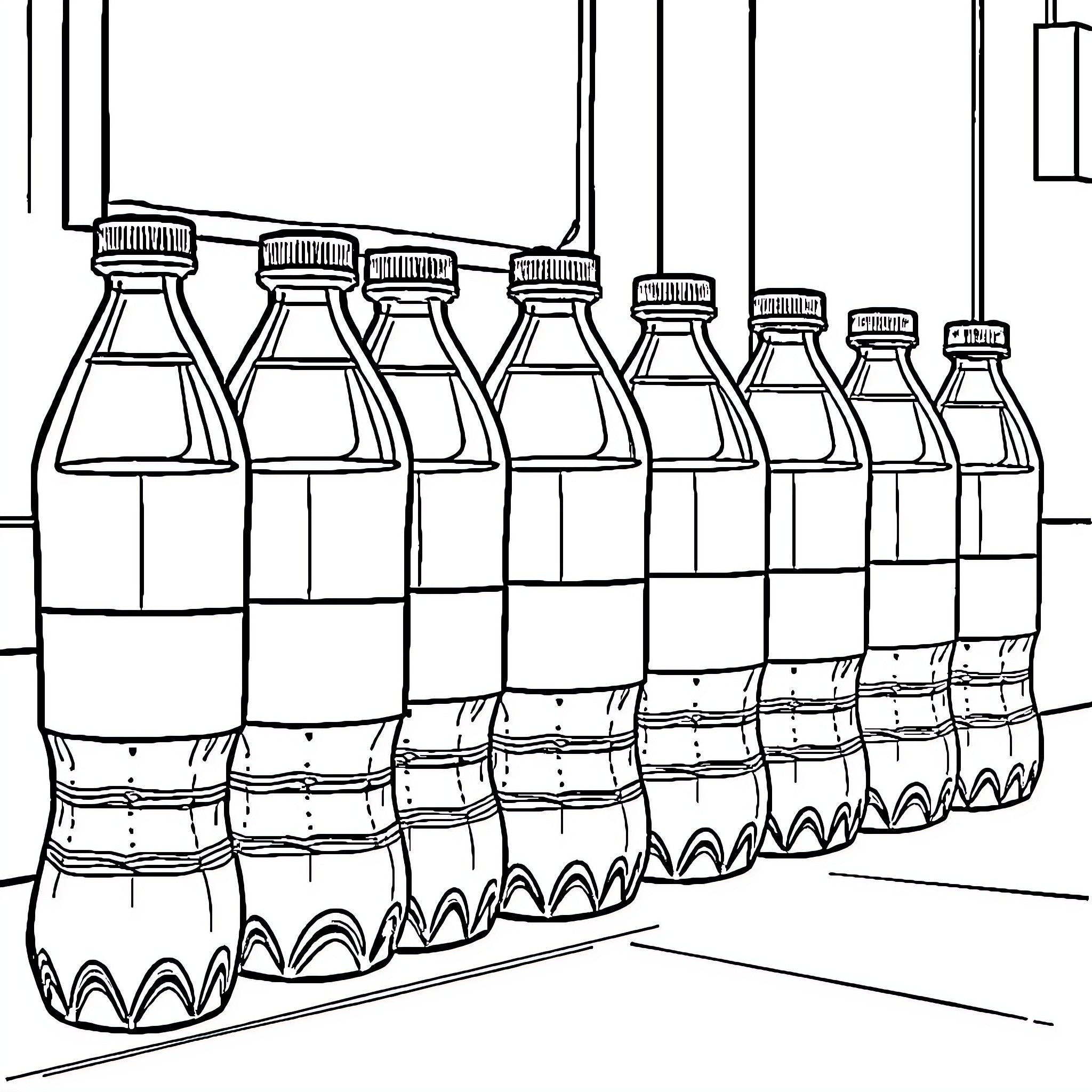 Water Bottle Factory Production Line Coloring Page (free black-and-white line drawing printable PDF for all, from beginners to advanced learners, including children, teens, adults, and seniors)