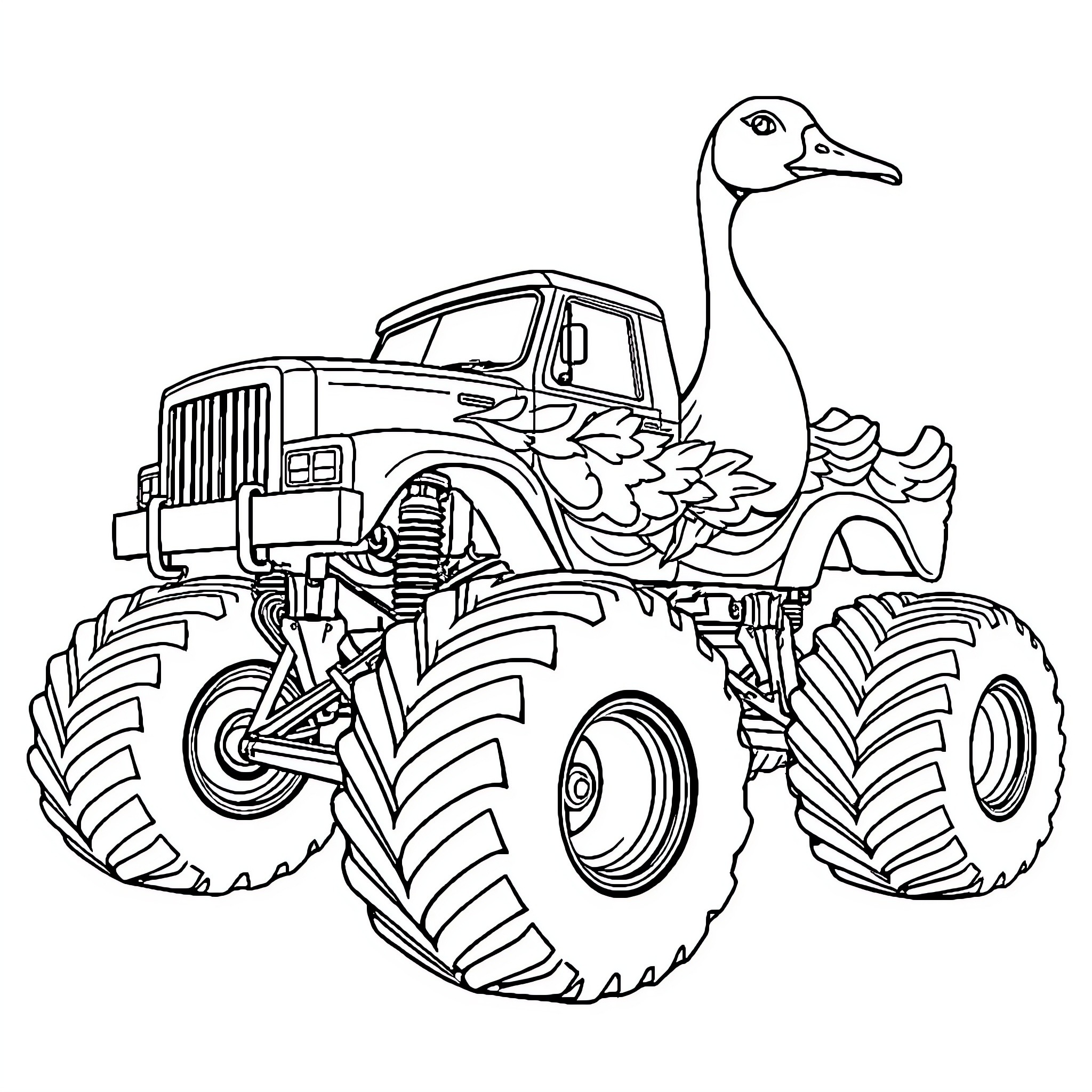 Monster Truck Carrying a Giant Cartoon Duck Coloring Page (free black-and-white line drawing printable PDF for all, from beginners to advanced learners, including children, teens, adults, and seniors)