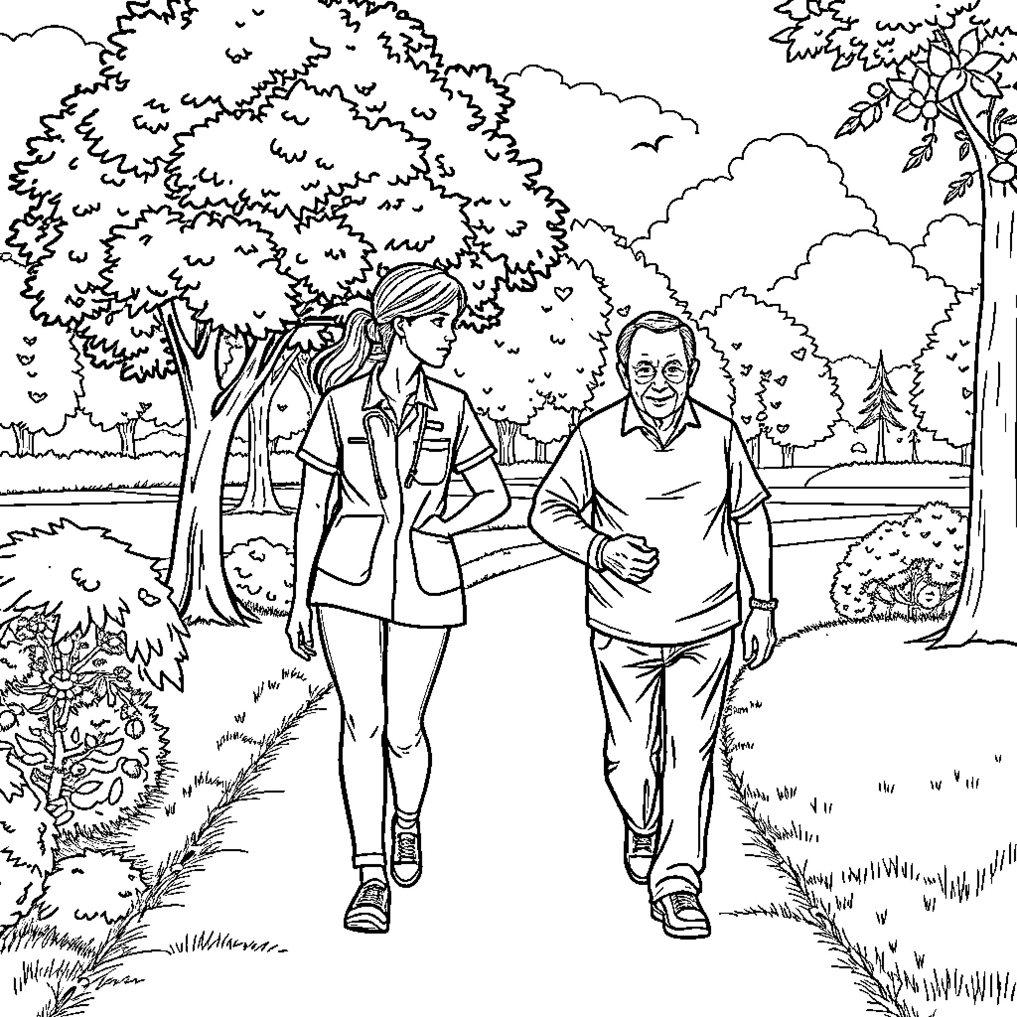 Care Aide Assisting Elderly Person in Park Stroll Coloring Page (free black-and-white line drawing printable PDF for all, from beginners to advanced learners, including children, teens, adults, and seniors)