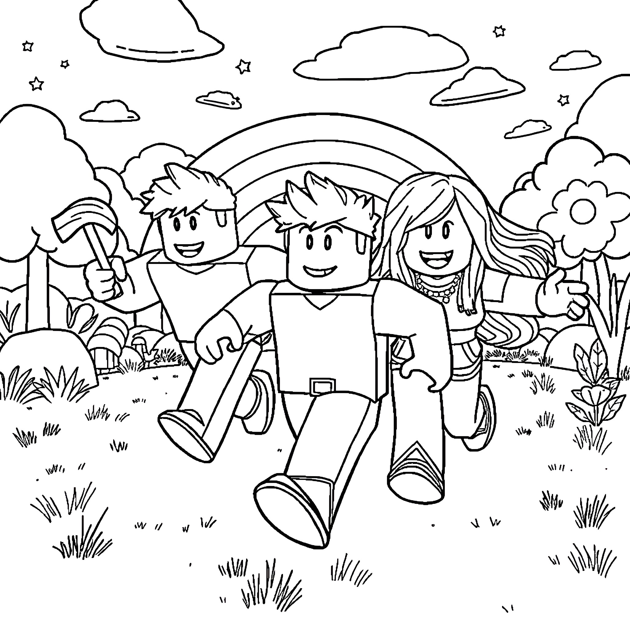 Rainbow Friend Enjoying a Scenic Outdoor Adventure Coloring Page (free black-and-white line drawing printable PDF for all, from beginners to advanced learners, including children, teens, adults, and seniors)