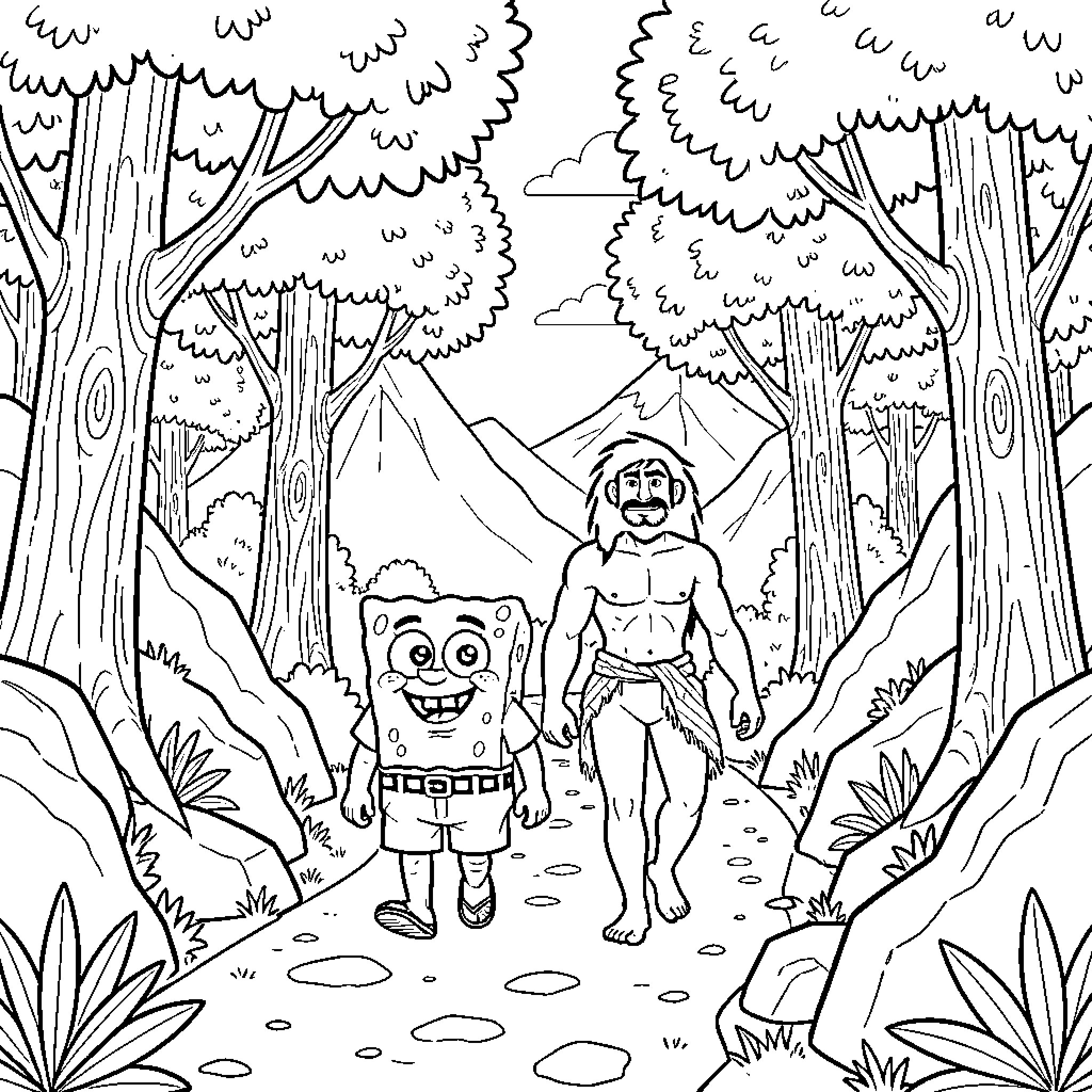 Bob l'éponge walking through a forest with a caveman Coloring Page (free black-and-white line drawing printable PDF for all, from beginners to advanced learners, including children, teens, adults, and seniors)