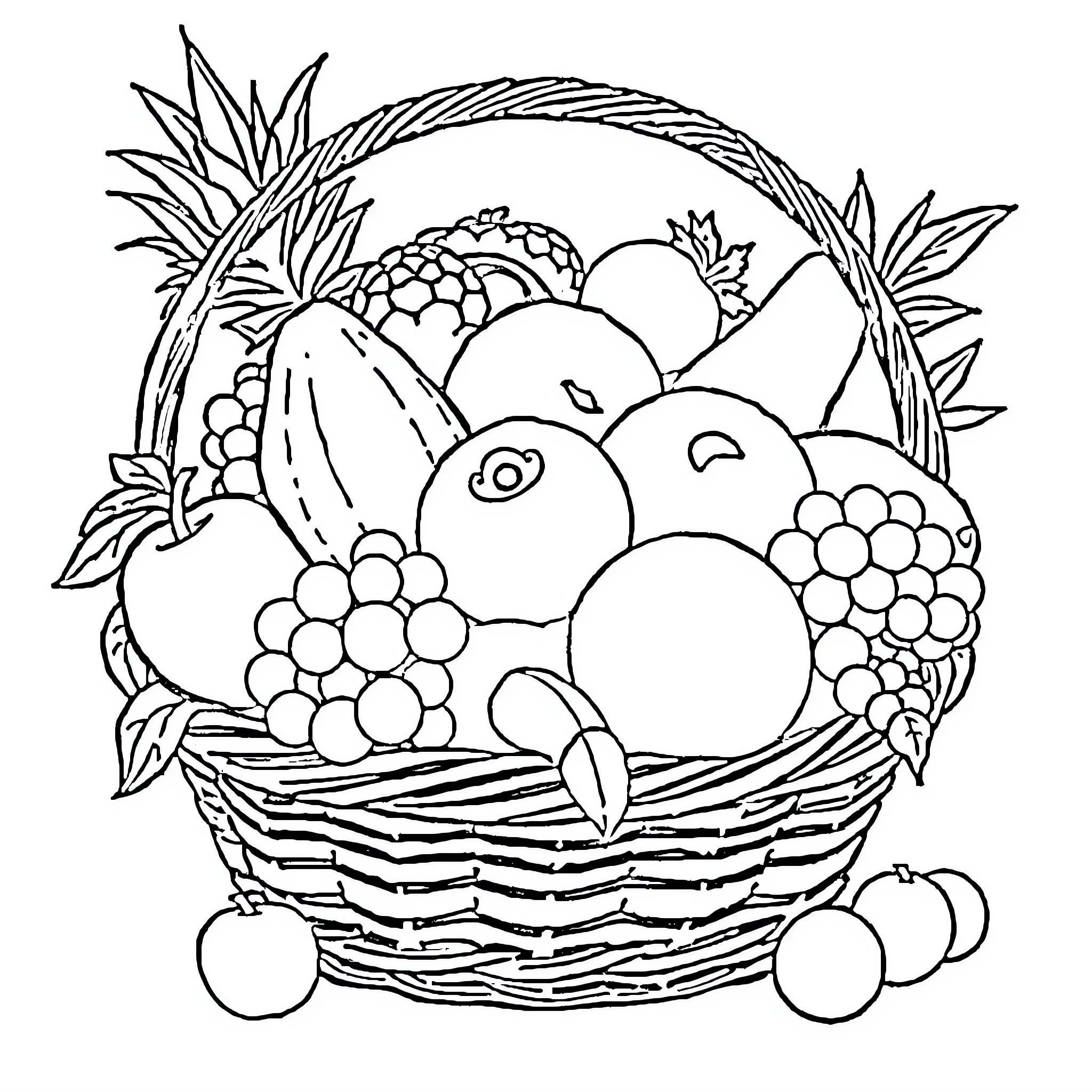 Fruit Basket with Diverse Produce Coloring Page (free black-and-white line drawing printable PDF for all, from beginners to advanced learners, including children, teens, adults, and seniors)