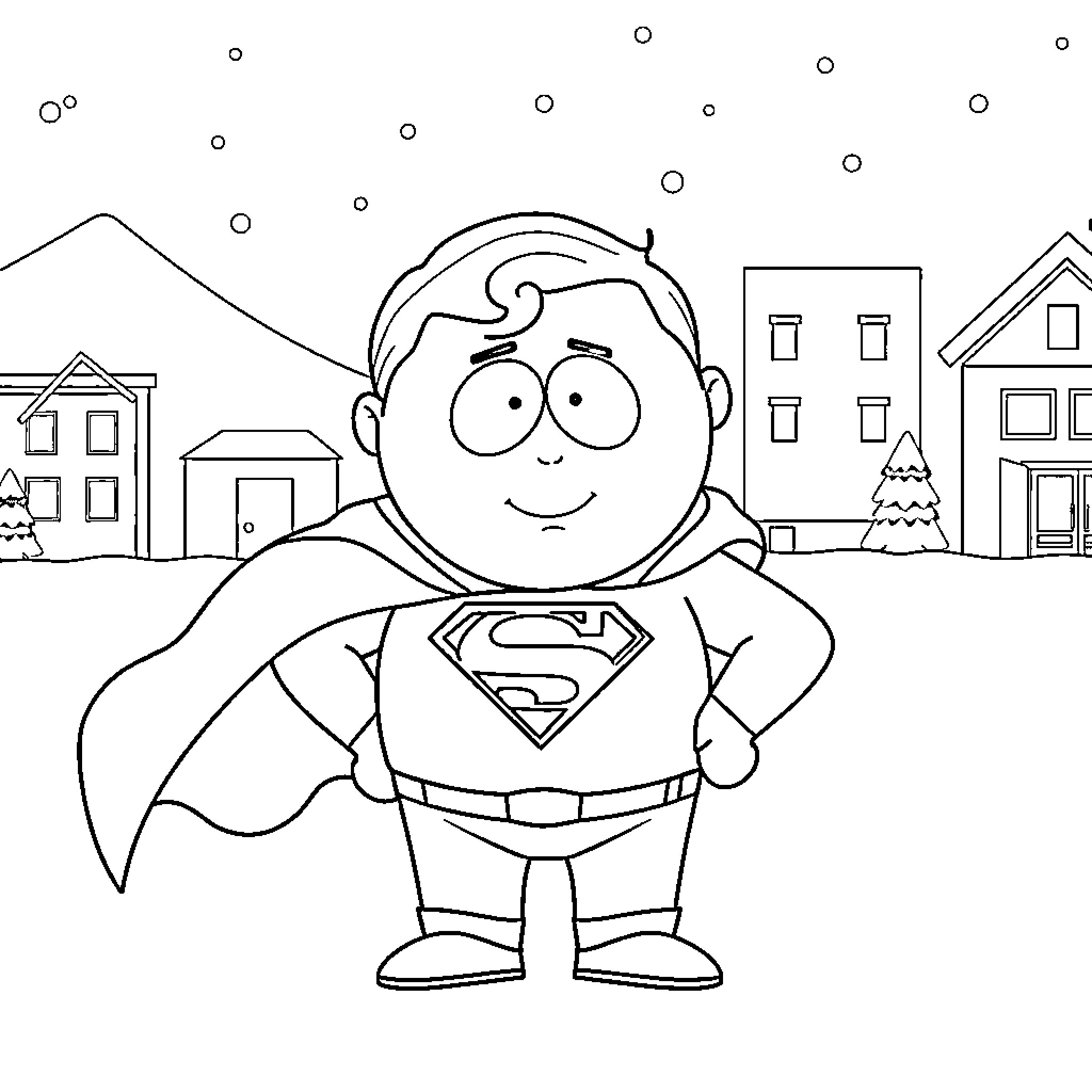 Superman enjoying the winter wonderland Coloring Page (free black-and-white line drawing printable PDF for all, from beginners to advanced learners, including children, teens, adults, and seniors)