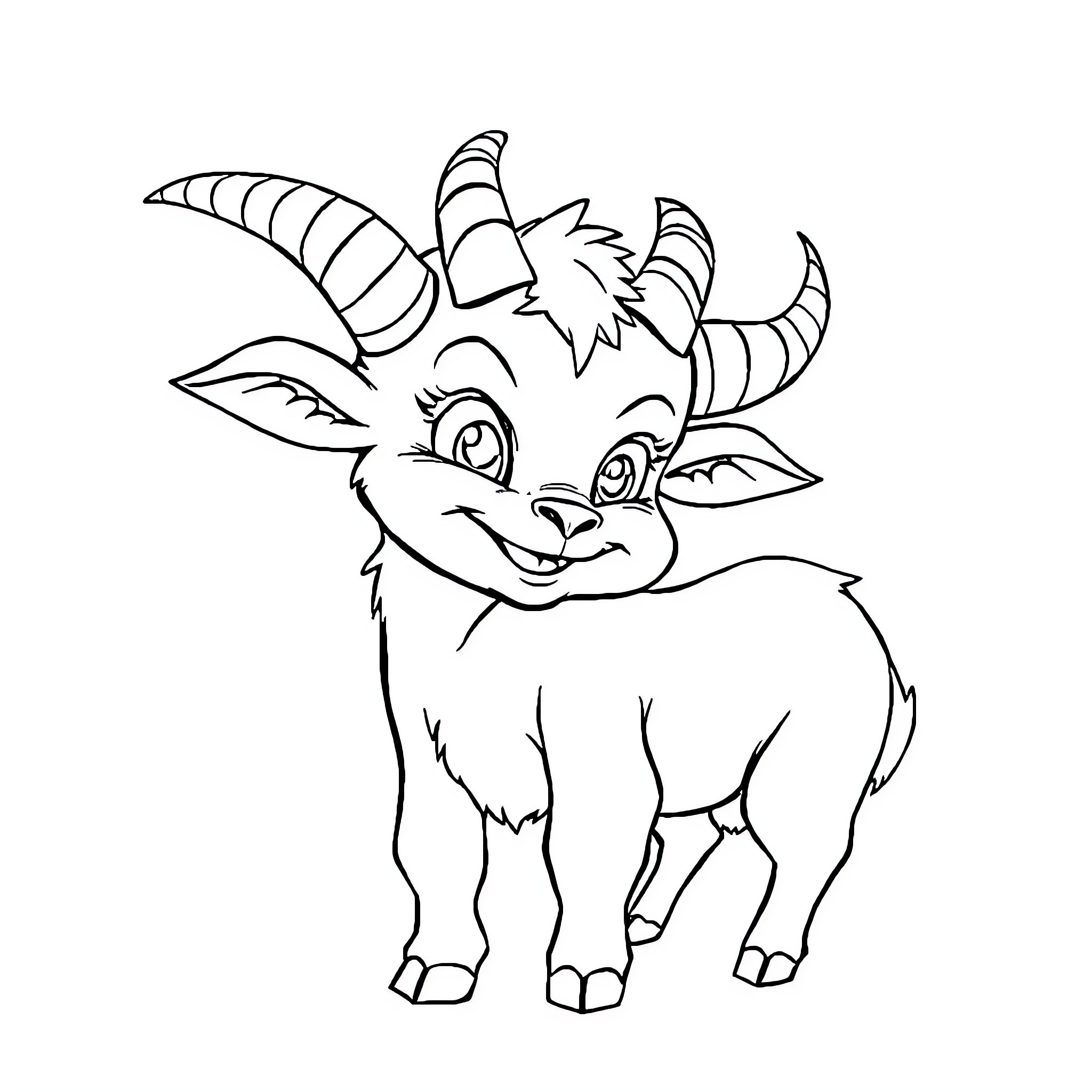 Goat standing and smiling Coloring Page (free black-and-white line drawing printable PDF for all, from beginners to advanced learners, including children, teens, adults, and seniors)