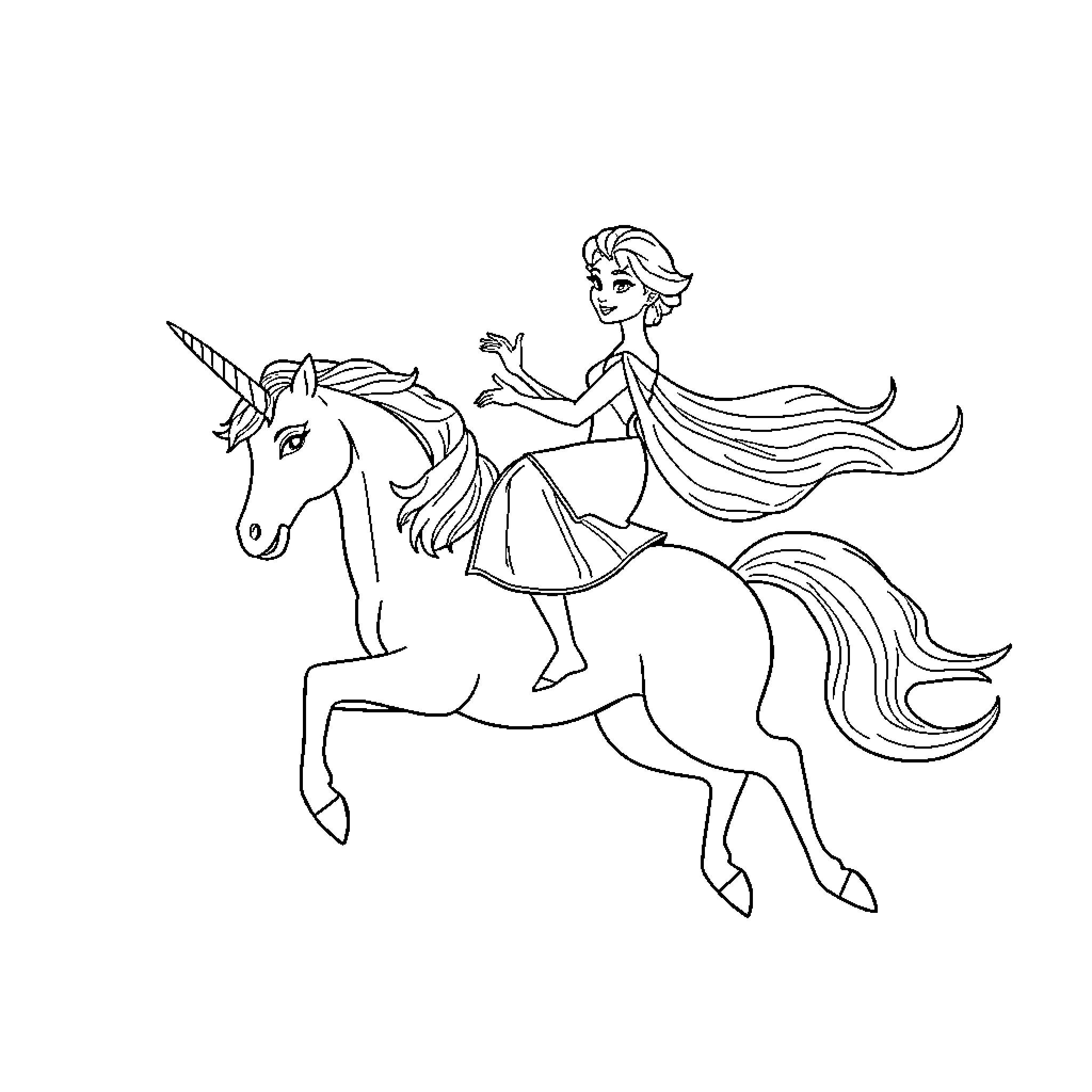 Elsa riding a unicorn in a magical scene Coloring Page (free black-and-white line drawing printable PDF for all, from beginners to advanced learners, including children, teens, adults, and seniors)