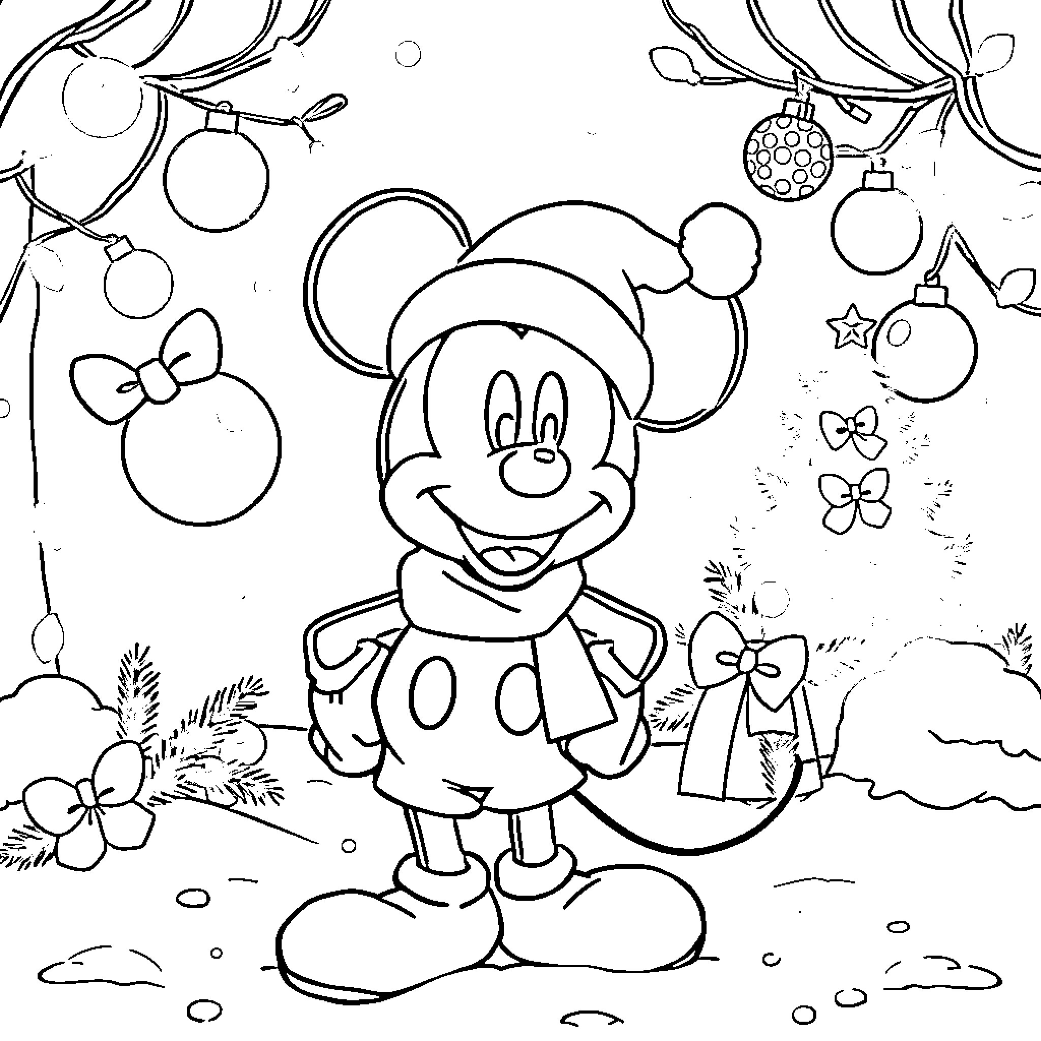 Mickey Mouse enjoying a festive winter scene Coloring Page (free black-and-white line drawing printable PDF for all, from beginners to advanced learners, including children, teens, adults, and seniors)
