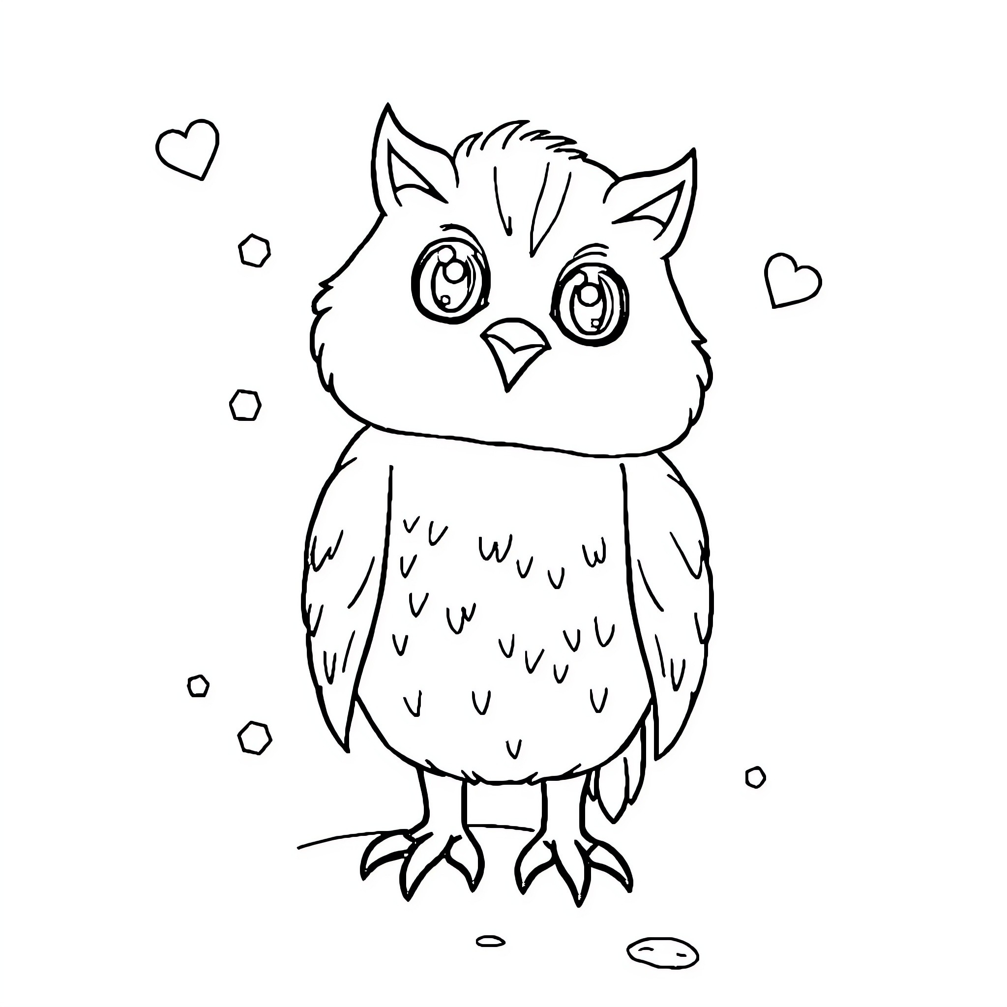 Tum Tum the Cute Owl with Hearts Coloring Page (free black-and-white line drawing printable PDF for all, from beginners to advanced learners, including children, teens, adults, and seniors)