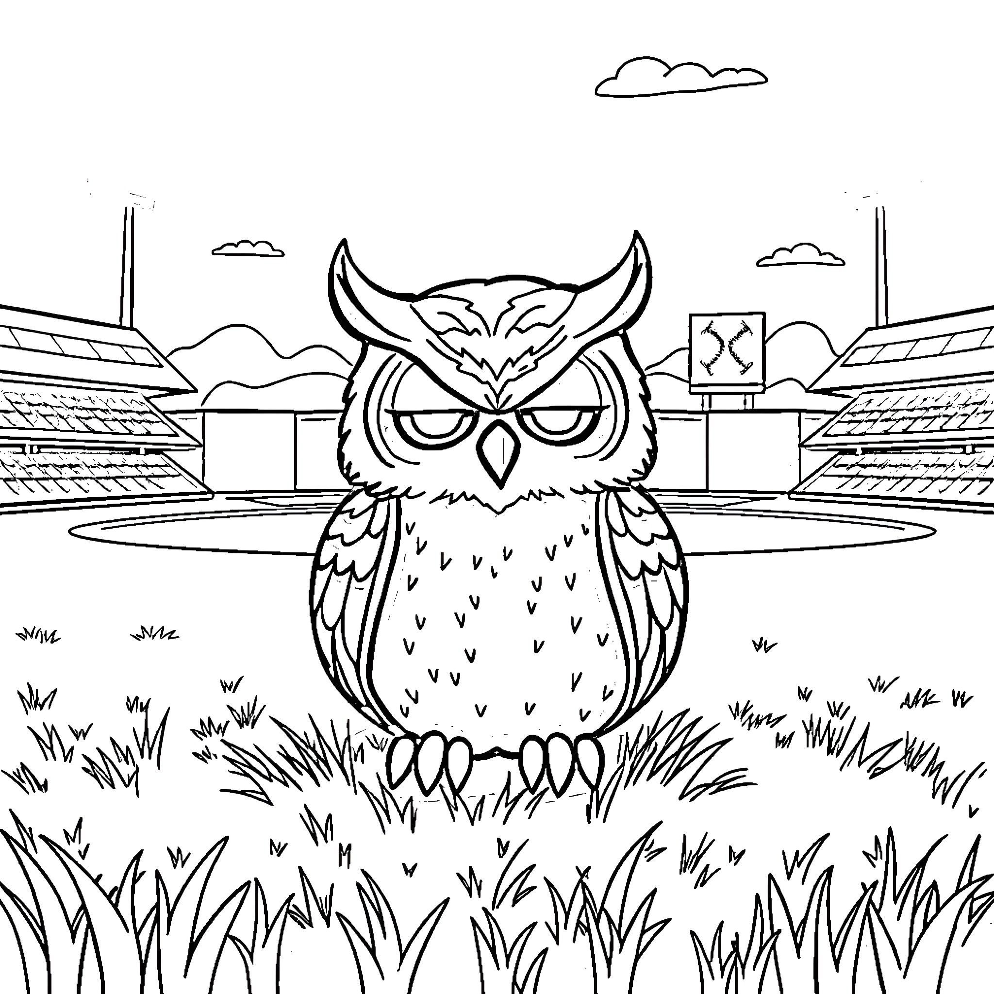 Owl guarding a sports stadium Coloring Page (free black-and-white line drawing printable PDF for all, from beginners to advanced learners, including children, teens, adults, and seniors)