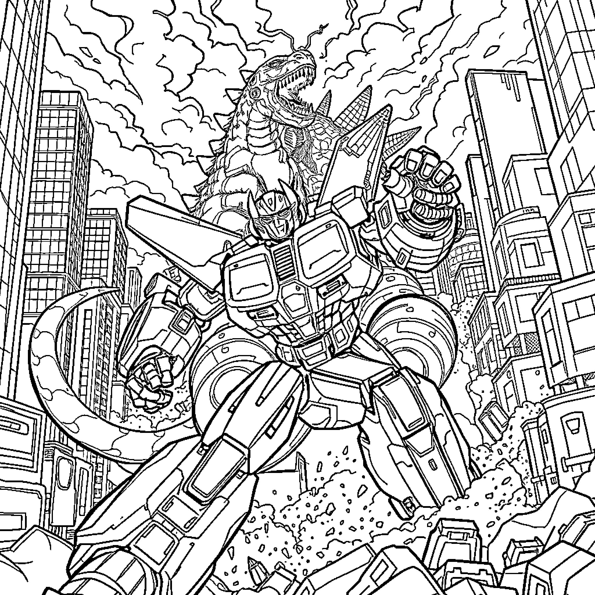Bumblebee robot rampaging through city Coloring Page (free black-and-white line drawing printable PDF for all, from beginners to advanced learners, including children, teens, adults, and seniors)