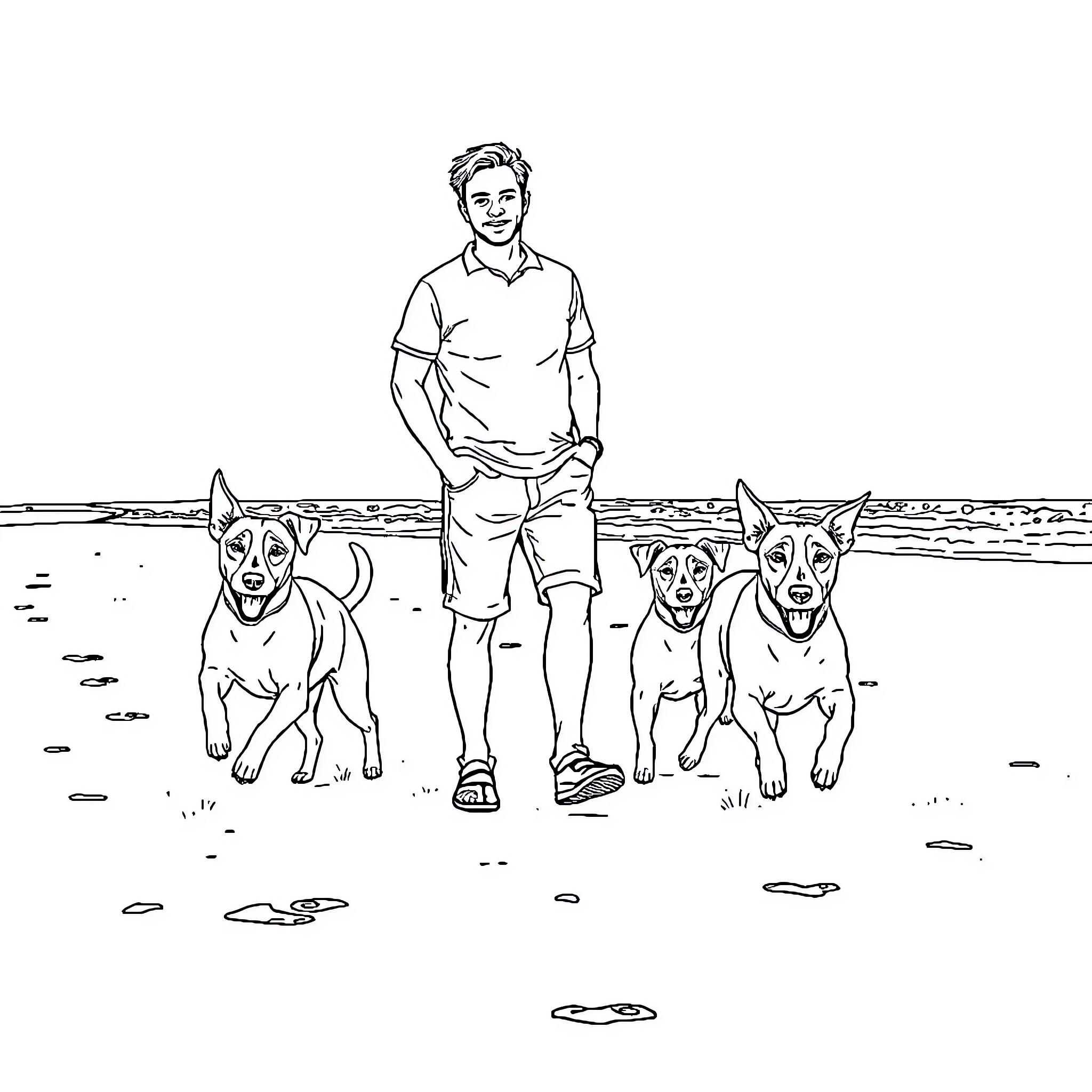 Man walking with his dogs at the beach Coloring Page (free black-and-white line drawing printable PDF for all, from beginners to advanced learners, including children, teens, adults, and seniors)
