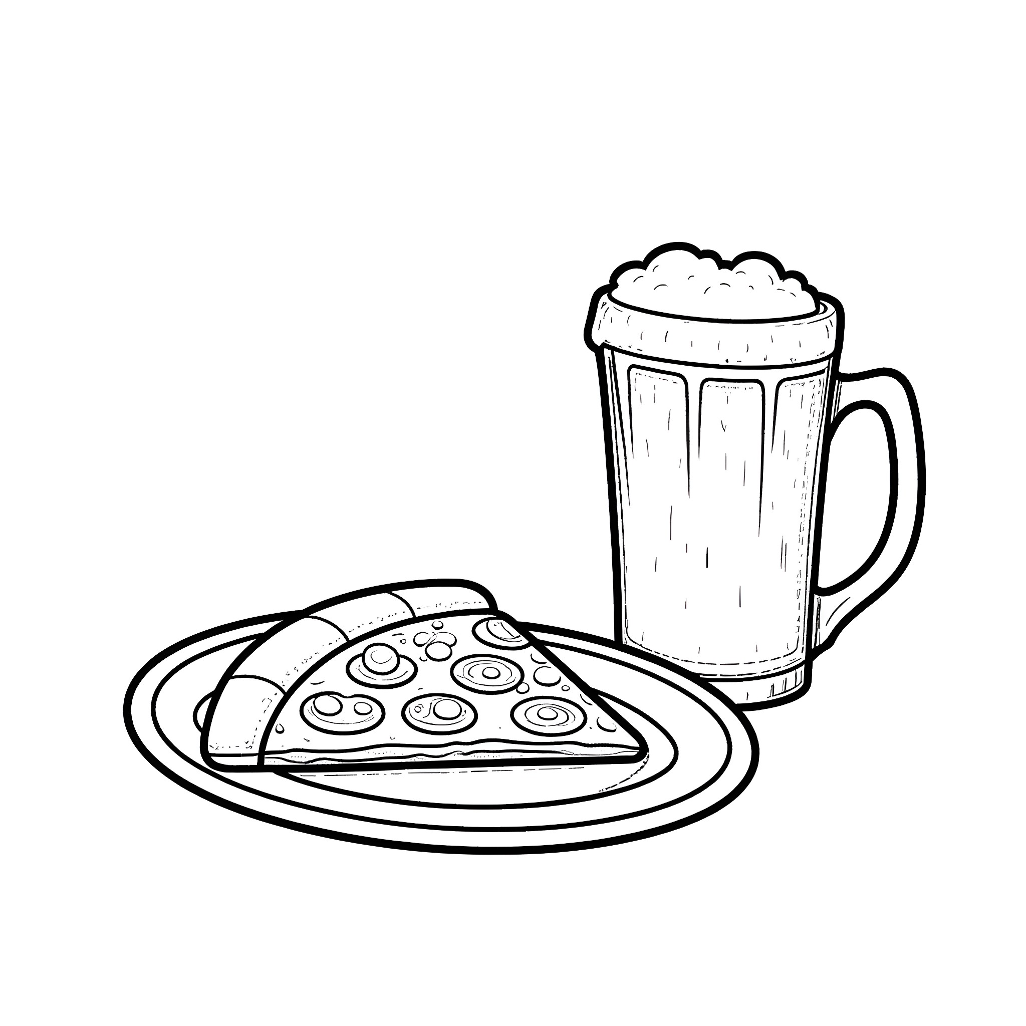 Beer and pizza enjoyment Coloring Page (free black-and-white line drawing printable PDF for all, from beginners to advanced learners, including children, teens, adults, and seniors)
