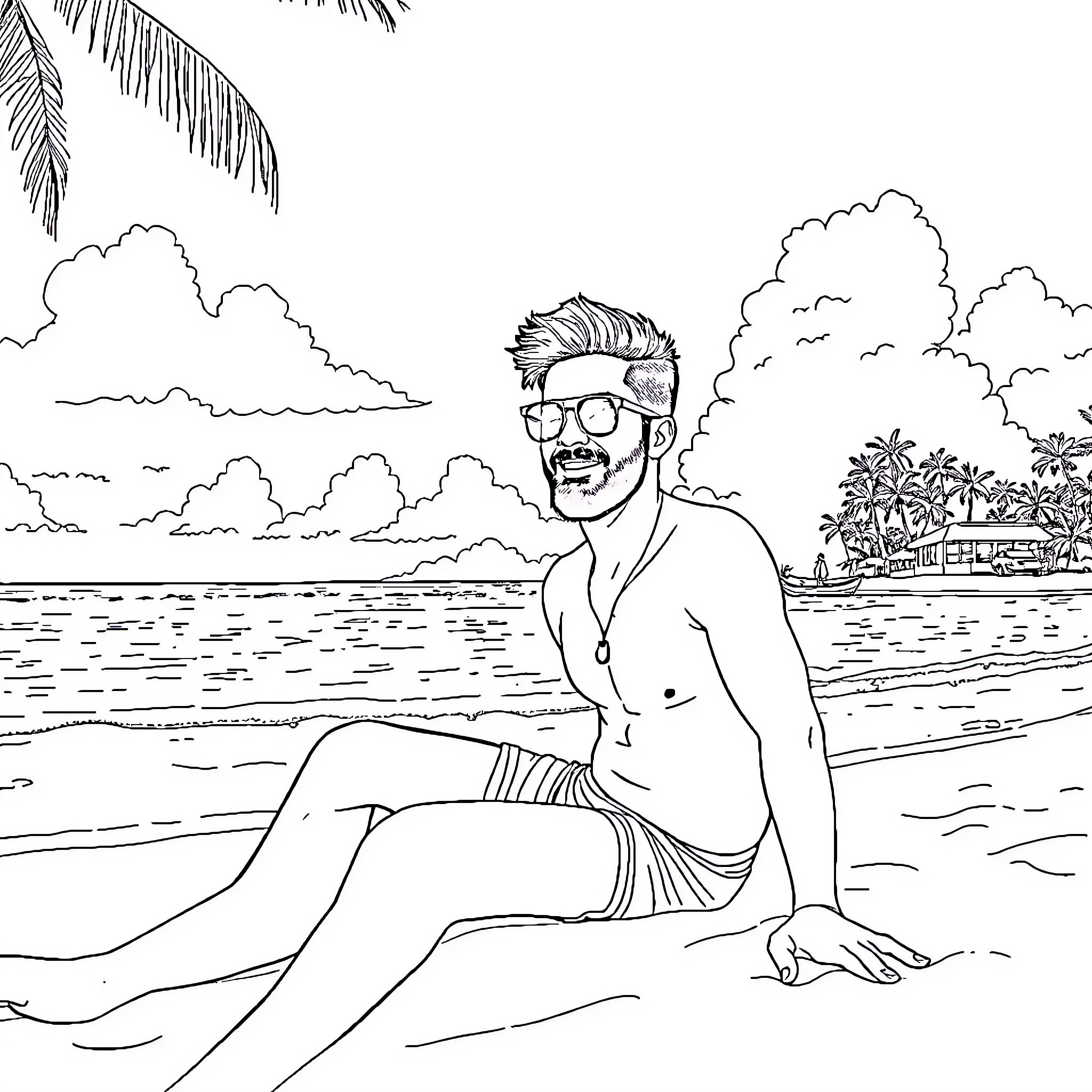 Malik Delgaty lounging on tropical beach Coloring Page (free black-and-white line drawing printable PDF for all, from beginners to advanced learners, including children, teens, adults, and seniors)