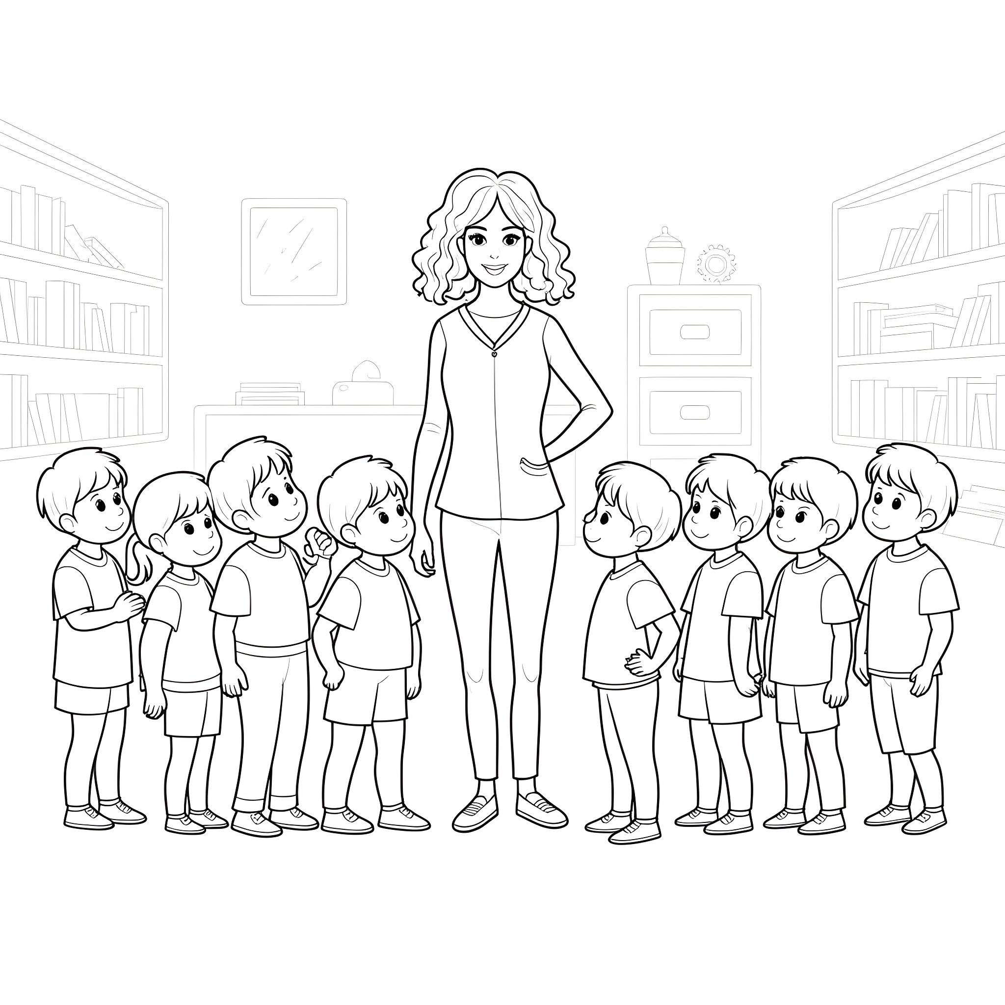 Teacher guiding a group of students in the classroom Coloring Page (free black-and-white line drawing printable PDF for all, from beginners to advanced learners, including children, teens, adults, and seniors)