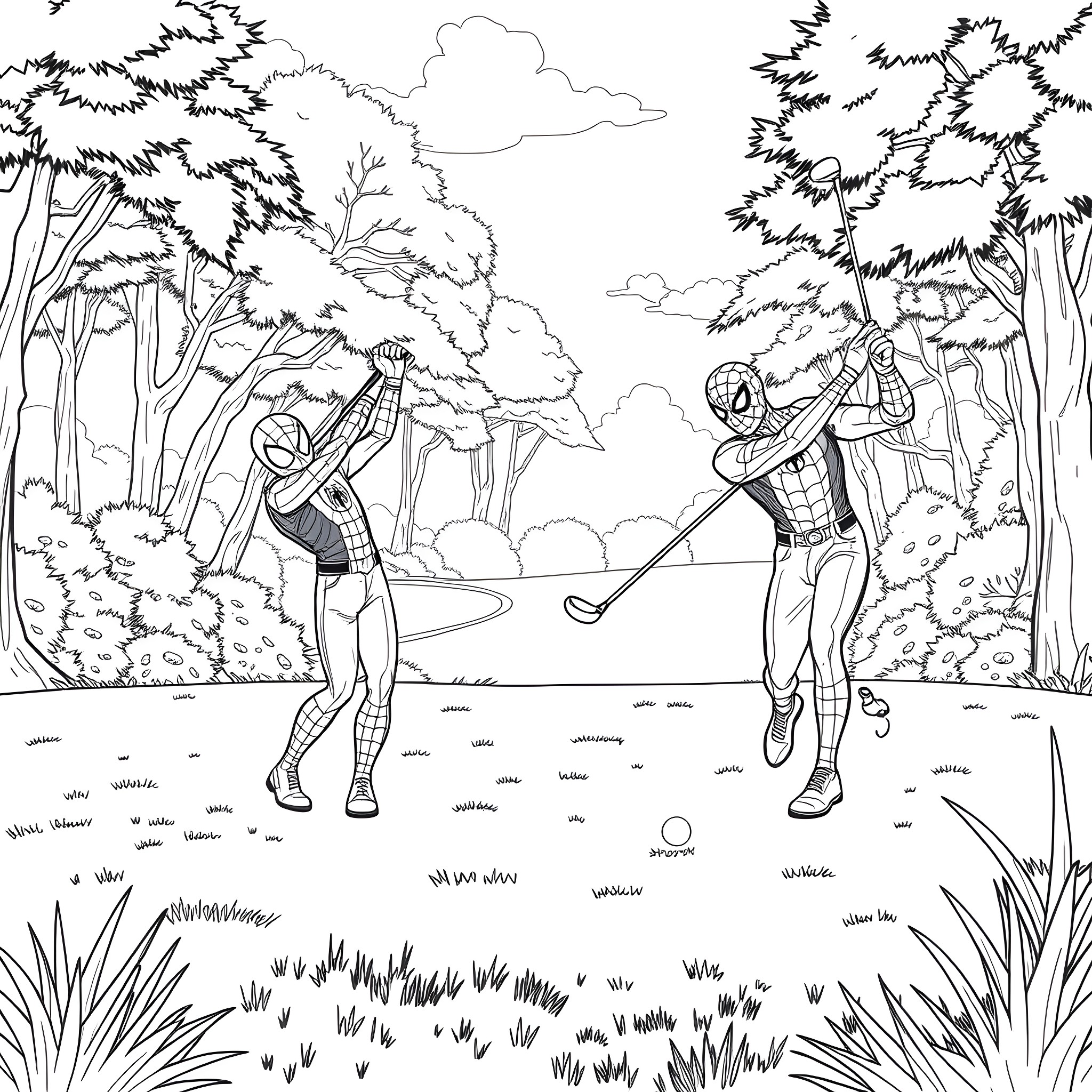 Spiderman in the forest playing golf with friends Coloring Page (free black-and-white line drawing printable PDF for all, from beginners to advanced learners, including children, teens, adults, and seniors)