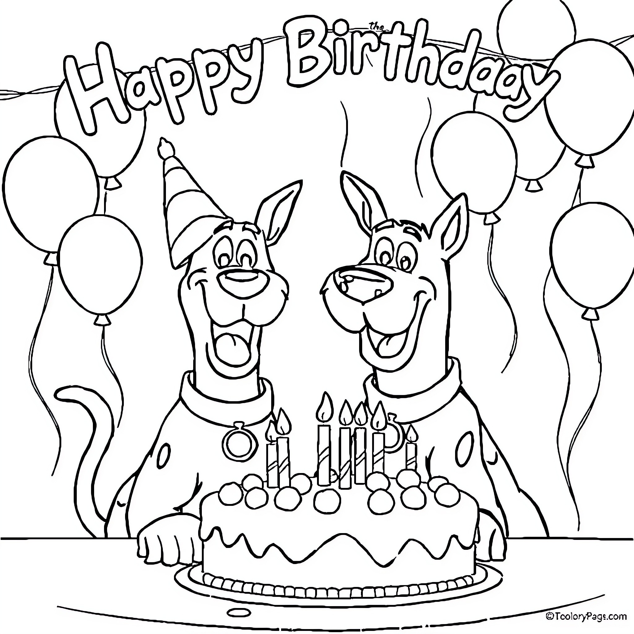 Scooby Doo Celebrates a Happy Birthday with Balloons Coloring Page (free black-and-white line drawing printable PDF for all, from beginners to advanced learners, including children, teens, adults, and seniors)