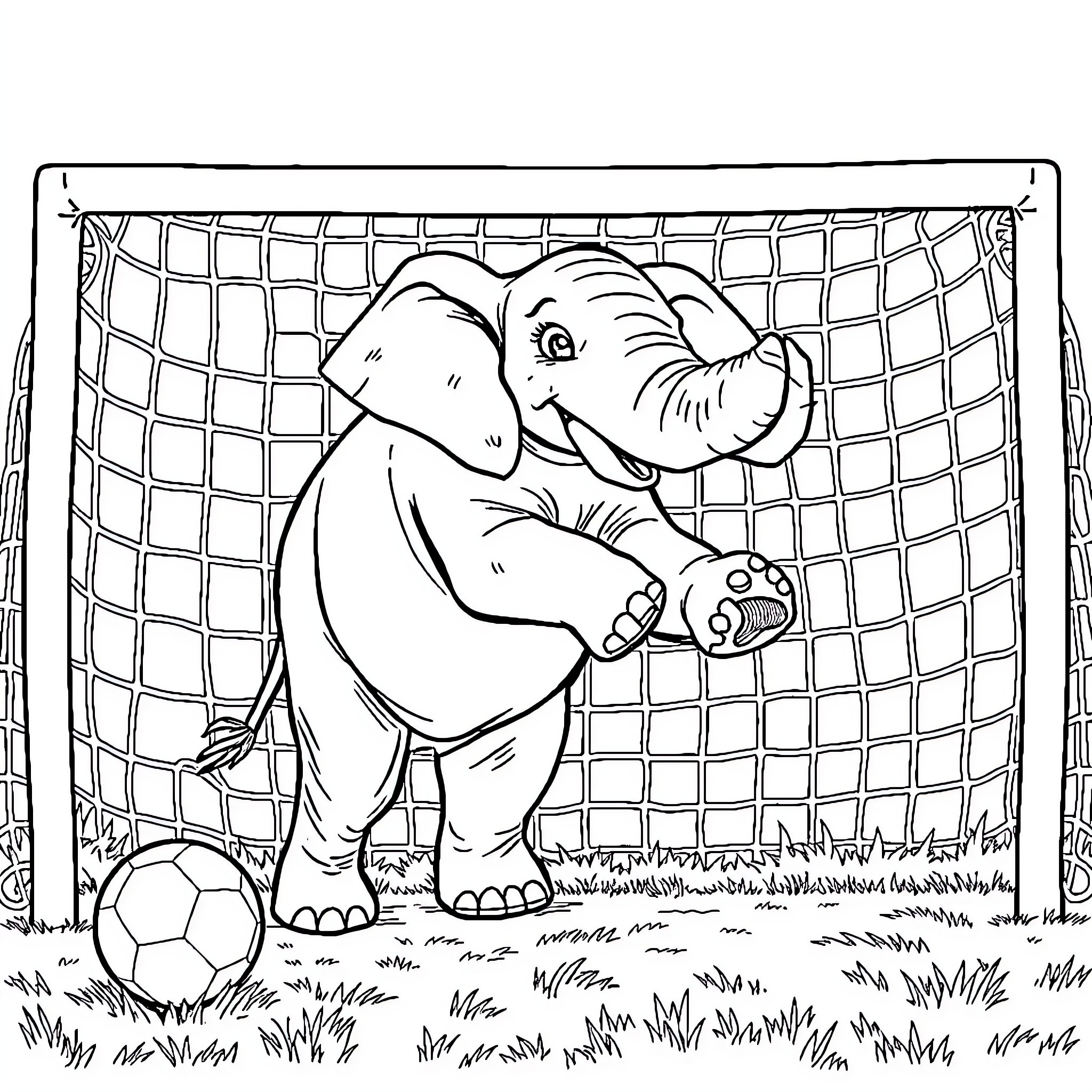 Elephant playing with soccer ball on field Coloring Page (free black-and-white line drawing printable PDF for all, from beginners to advanced learners, including children, teens, adults, and seniors)