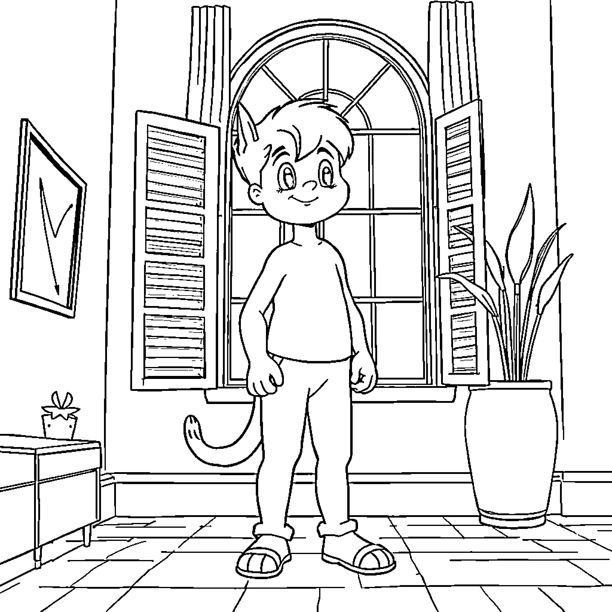 Jasn's Cheerful Indoor Scene Coloring Page (free black-and-white line drawing printable PDF for all, from beginners to advanced learners, including children, teens, adults, and seniors)