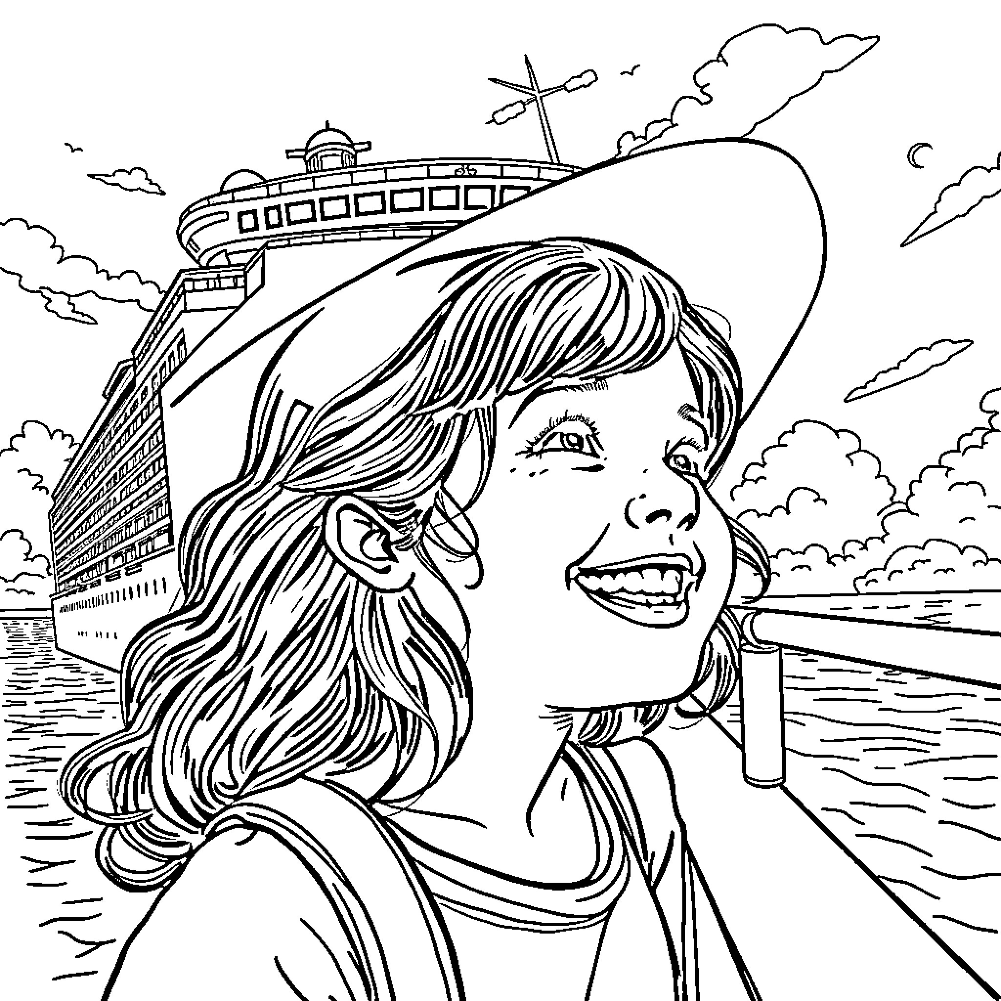 Daughter enjoying a cruise ship vacation Coloring Page (free black-and-white line drawing printable PDF for all, from beginners to advanced learners, including children, teens, adults, and seniors)