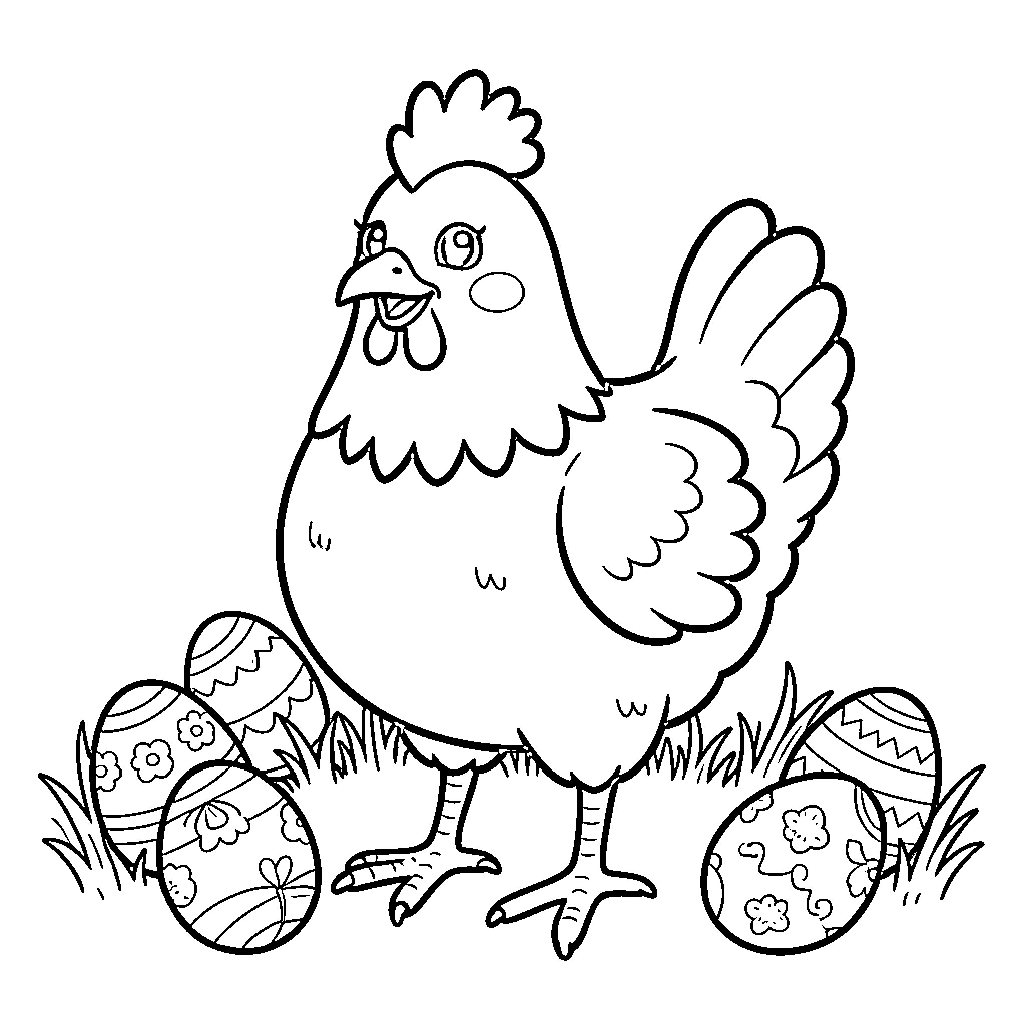Chicken and decorated Easter eggs on the grass Coloring Page (free black-and-white line drawing printable PDF for all, from beginners to advanced learners, including children, teens, adults, and seniors)