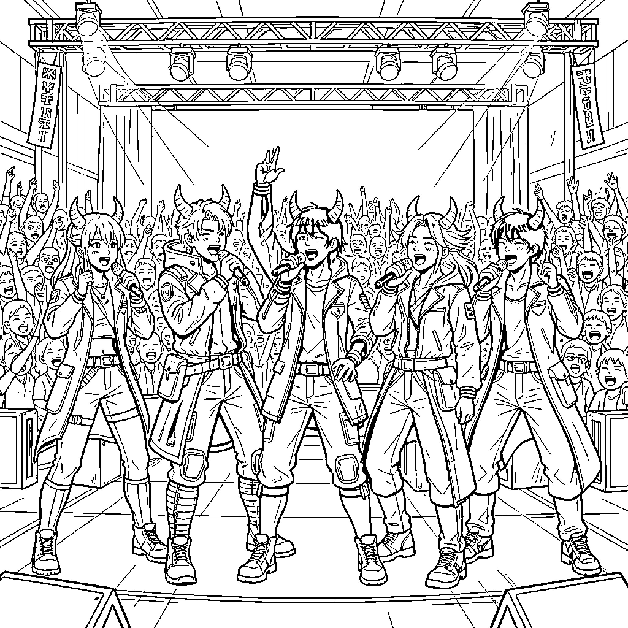 K-POP Demon Hunter group performing on a concert stage Coloring Page (free black-and-white line drawing printable PDF for all, from beginners to advanced learners, including children, teens, adults, and seniors)