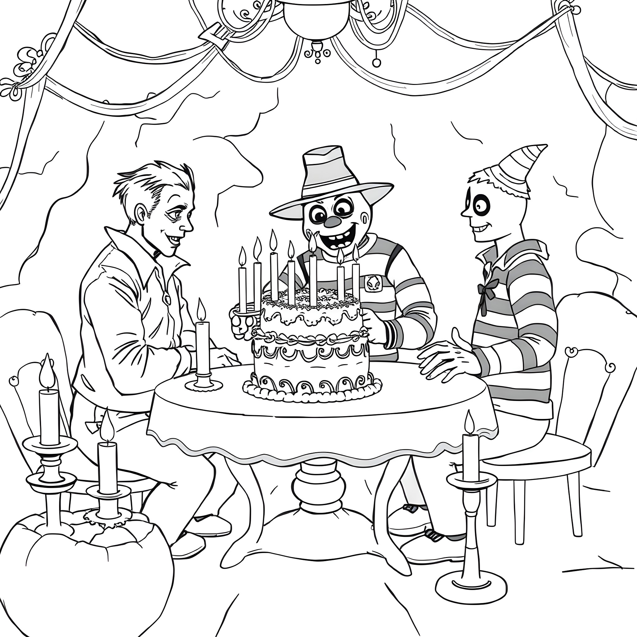 Jason's Birthday Party with Friends Coloring Page (free black-and-white line drawing printable PDF for all, from beginners to advanced learners, including children, teens, adults, and seniors)