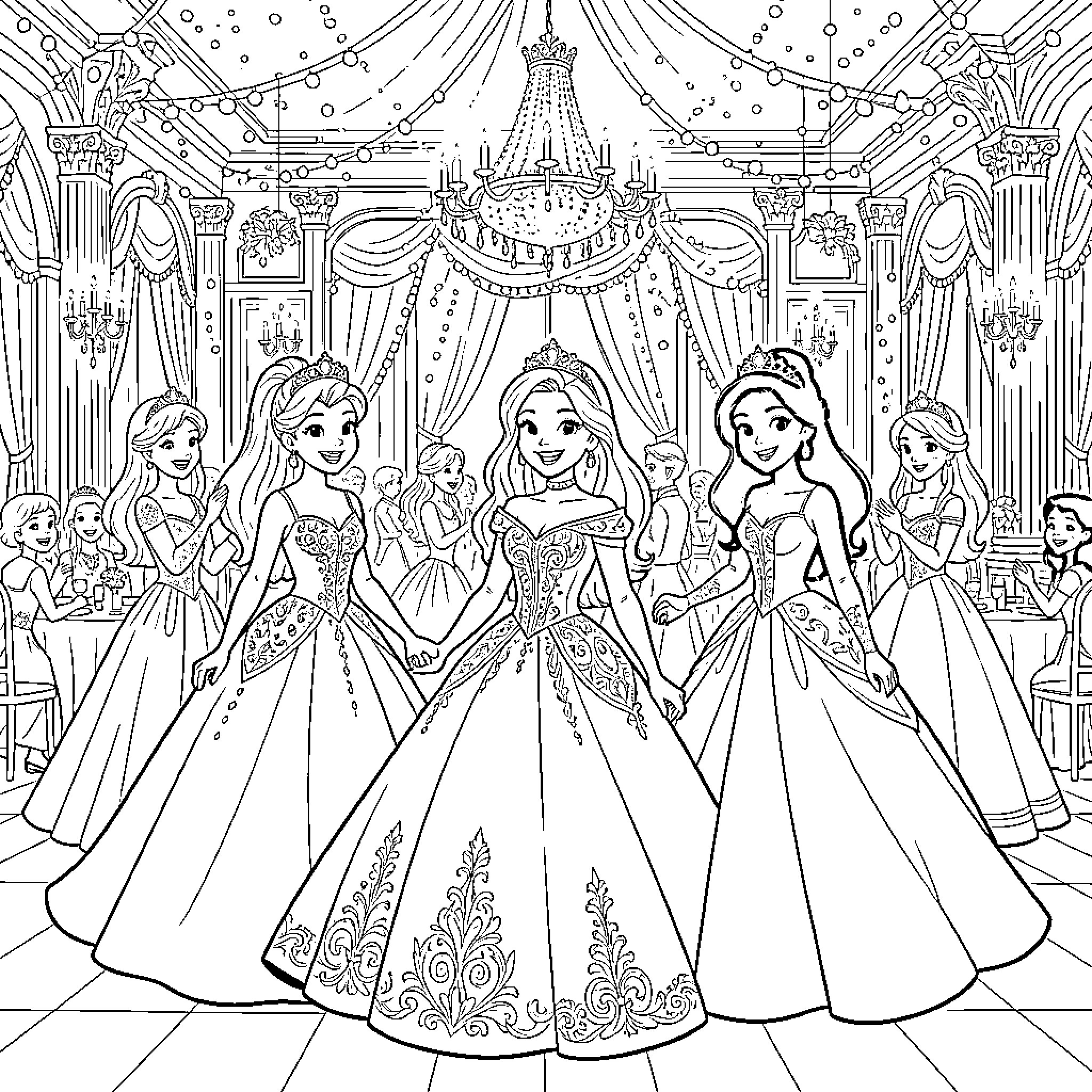 Disney Princesses in Elegant Ball Gowns at Glamorous Event Coloring Page (free black-and-white line drawing printable PDF for all, from beginners to advanced learners, including children, teens, adults, and seniors)