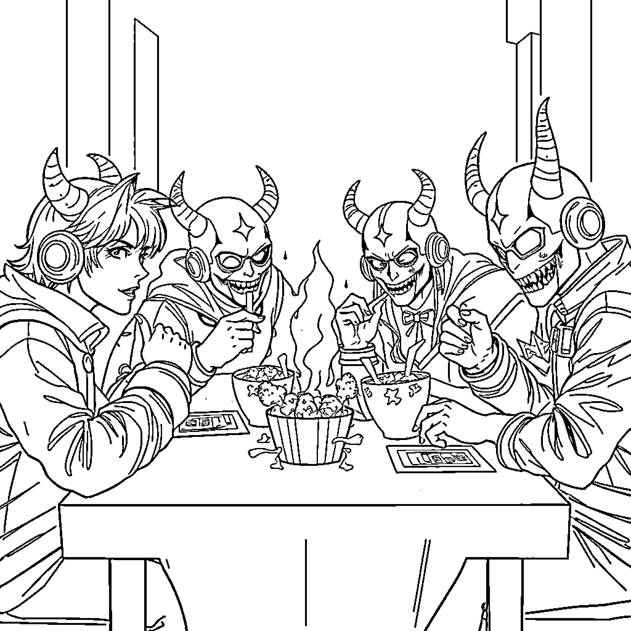 Demon Hunters Enjoying a Fiendish Feast Coloring Page (free black-and-white line drawing printable PDF for all, from beginners to advanced learners, including children, teens, adults, and seniors)