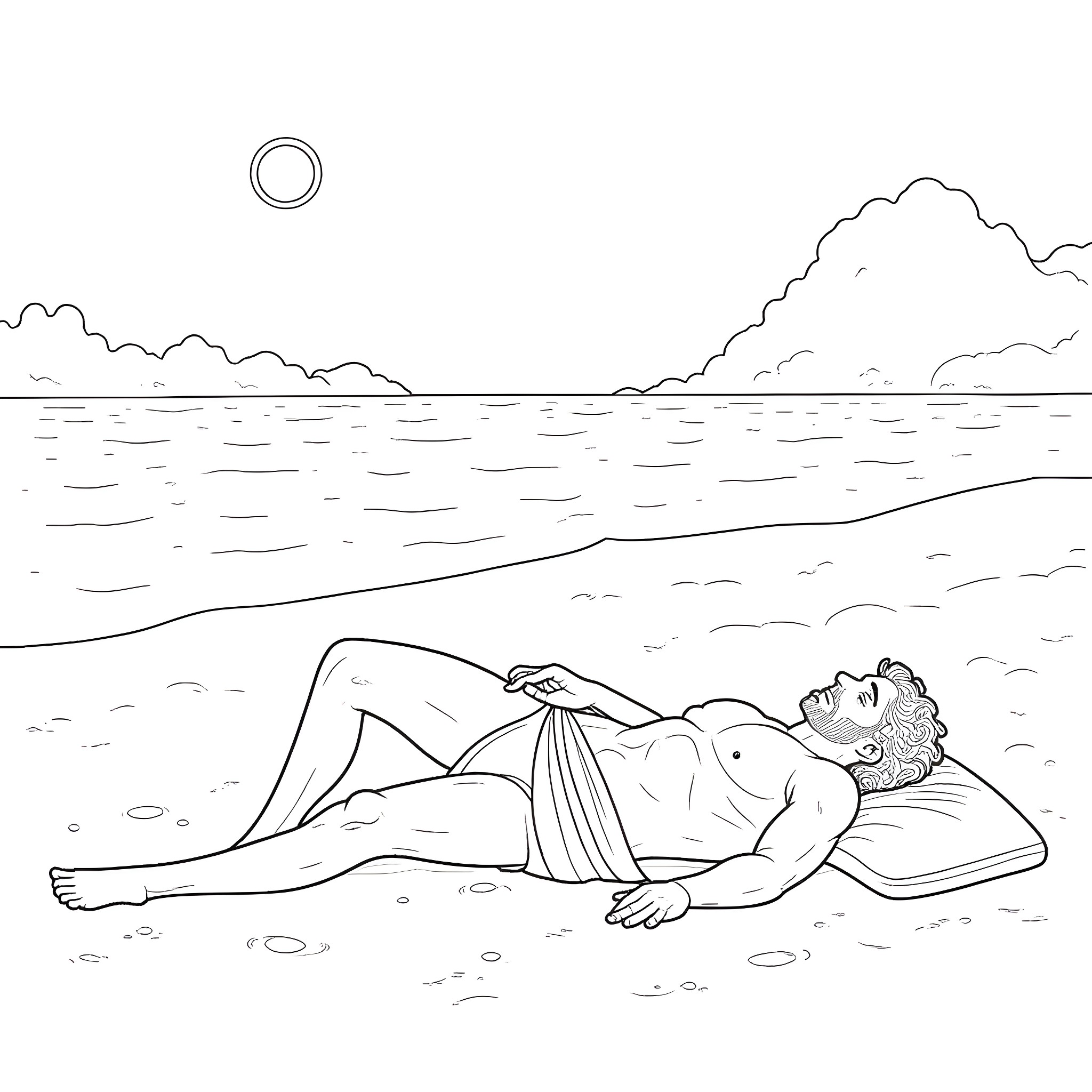 Greek God resting peacefully on the beach Coloring Page (free black-and-white line drawing printable PDF for all, from beginners to advanced learners, including children, teens, adults, and seniors)