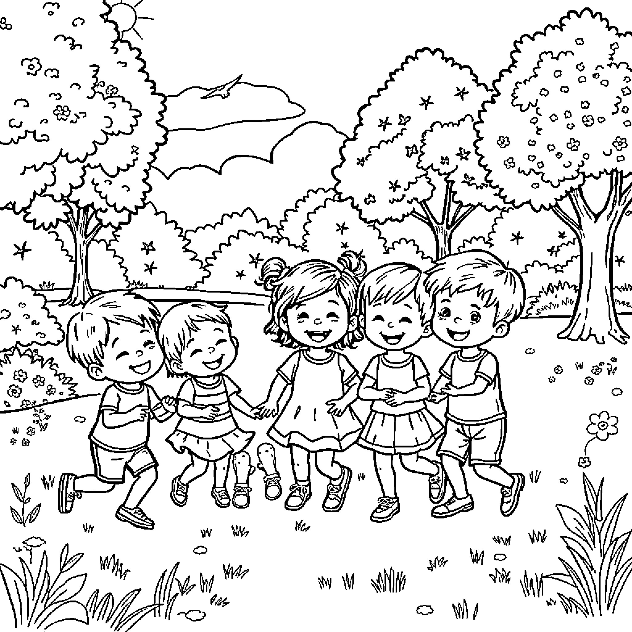 Child friends playing happily in the park Coloring Page (free black-and-white line drawing printable PDF for all, from beginners to advanced learners, including children, teens, adults, and seniors)