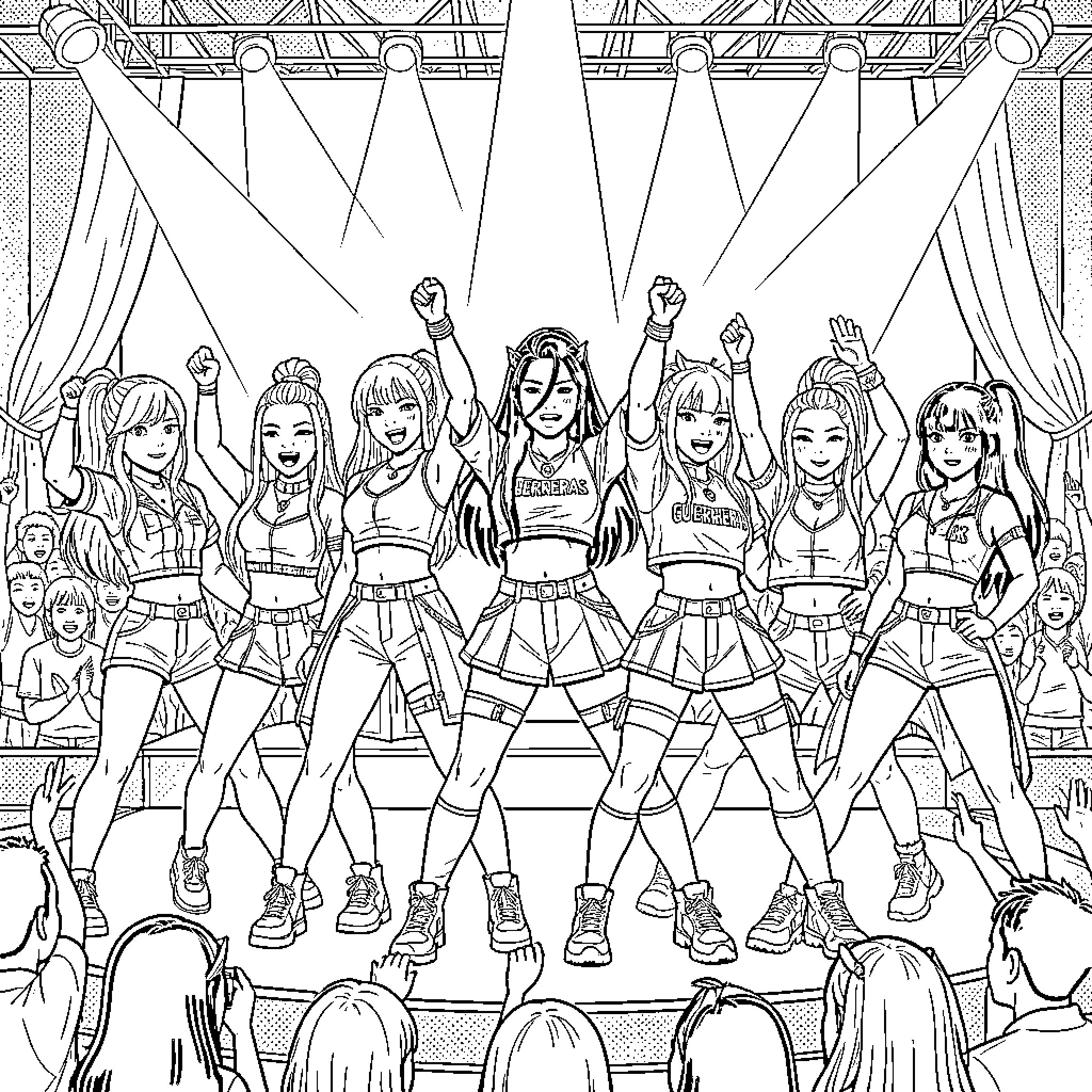 Kpop Warriors Performing on Stage with Energetic Expressions Coloring Page (free black-and-white line drawing printable PDF for all, from beginners to advanced learners, including children, teens, adults, and seniors)