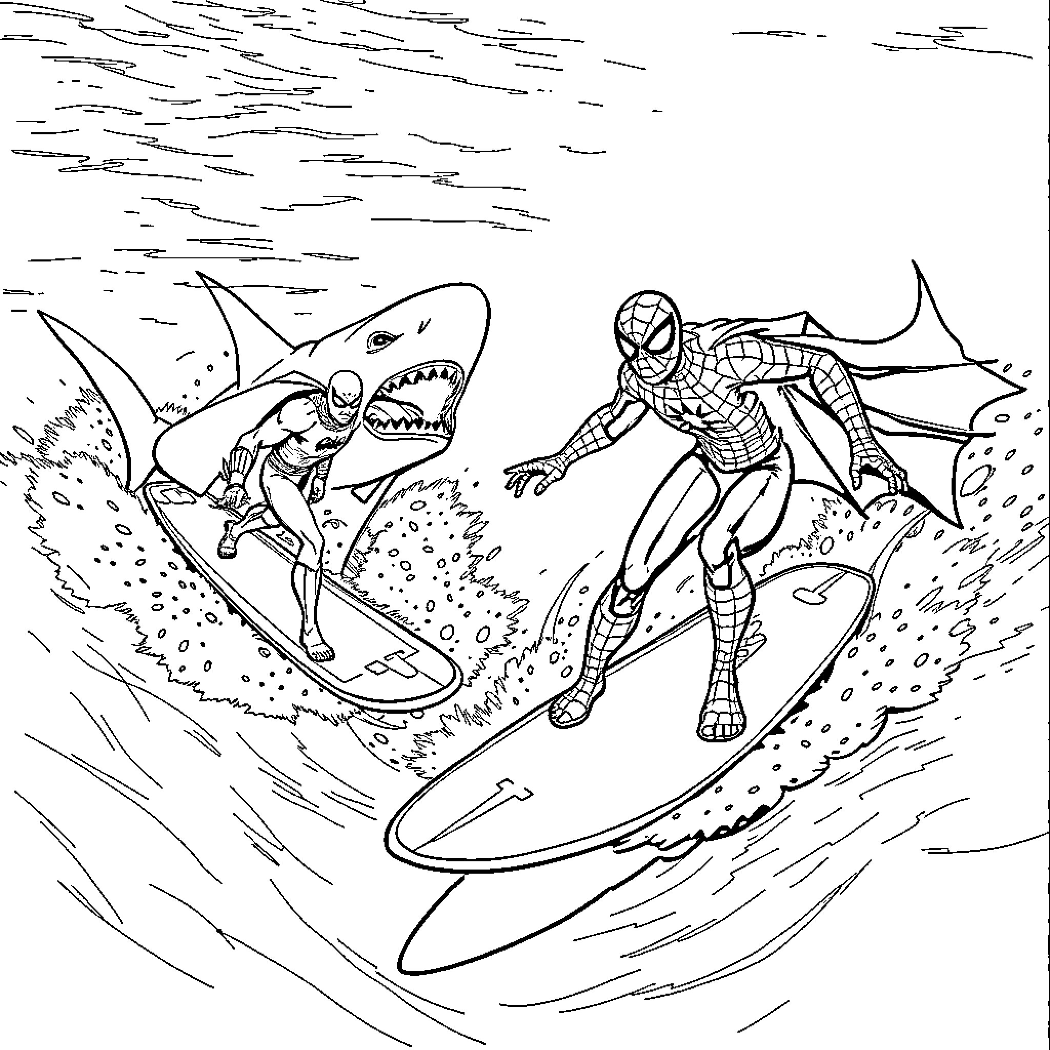 Batman surfing heroically against a dangerous shark Coloring Page (free black-and-white line drawing printable PDF for all, from beginners to advanced learners, including children, teens, adults, and seniors)