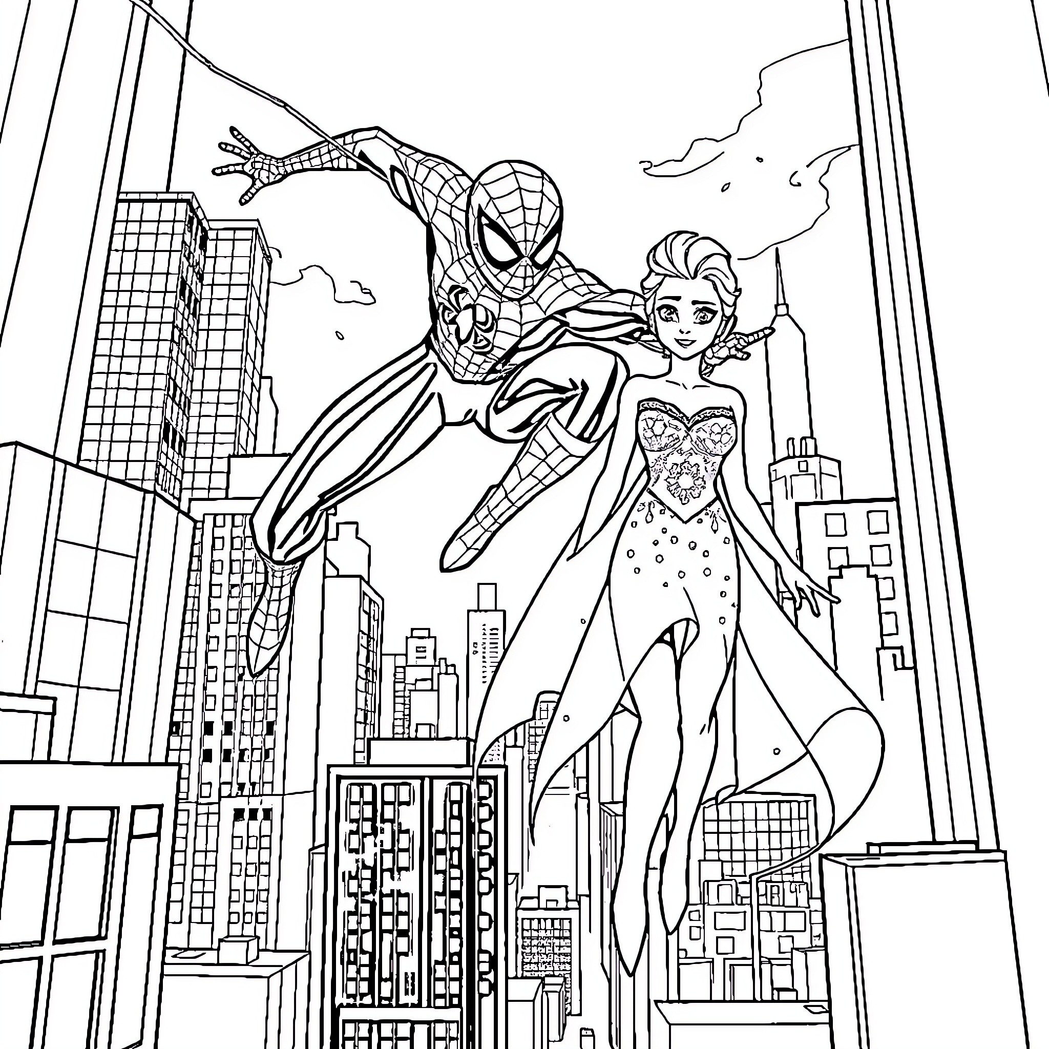 Spiderman swinging in the city with female superhero Coloring Page (free black-and-white line drawing printable PDF for all, from beginners to advanced learners, including children, teens, adults, and seniors)