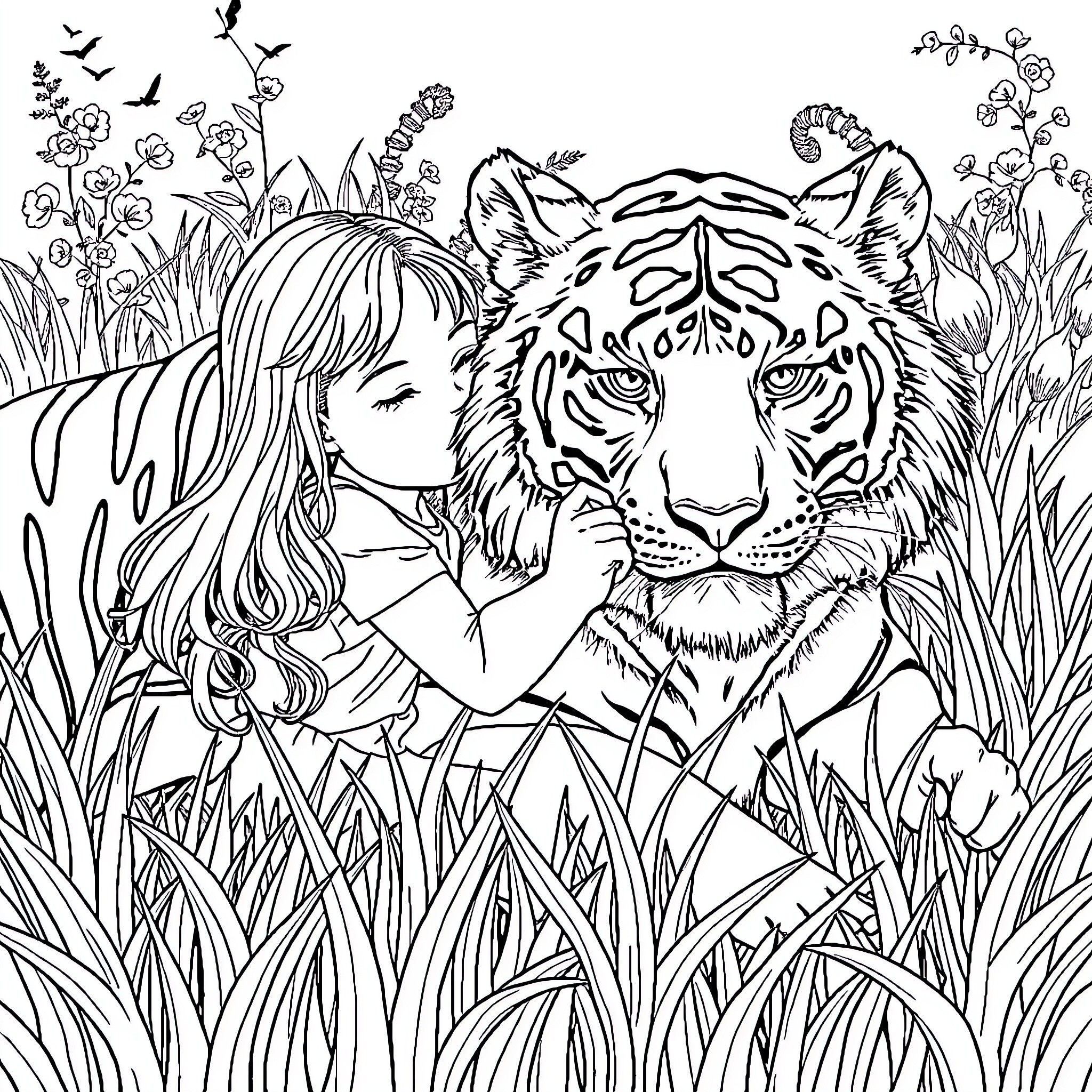 Girl embracing a majestic tiger in lush nature Coloring Page (free black-and-white line drawing printable PDF for all, from beginners to advanced learners, including children, teens, adults, and seniors)