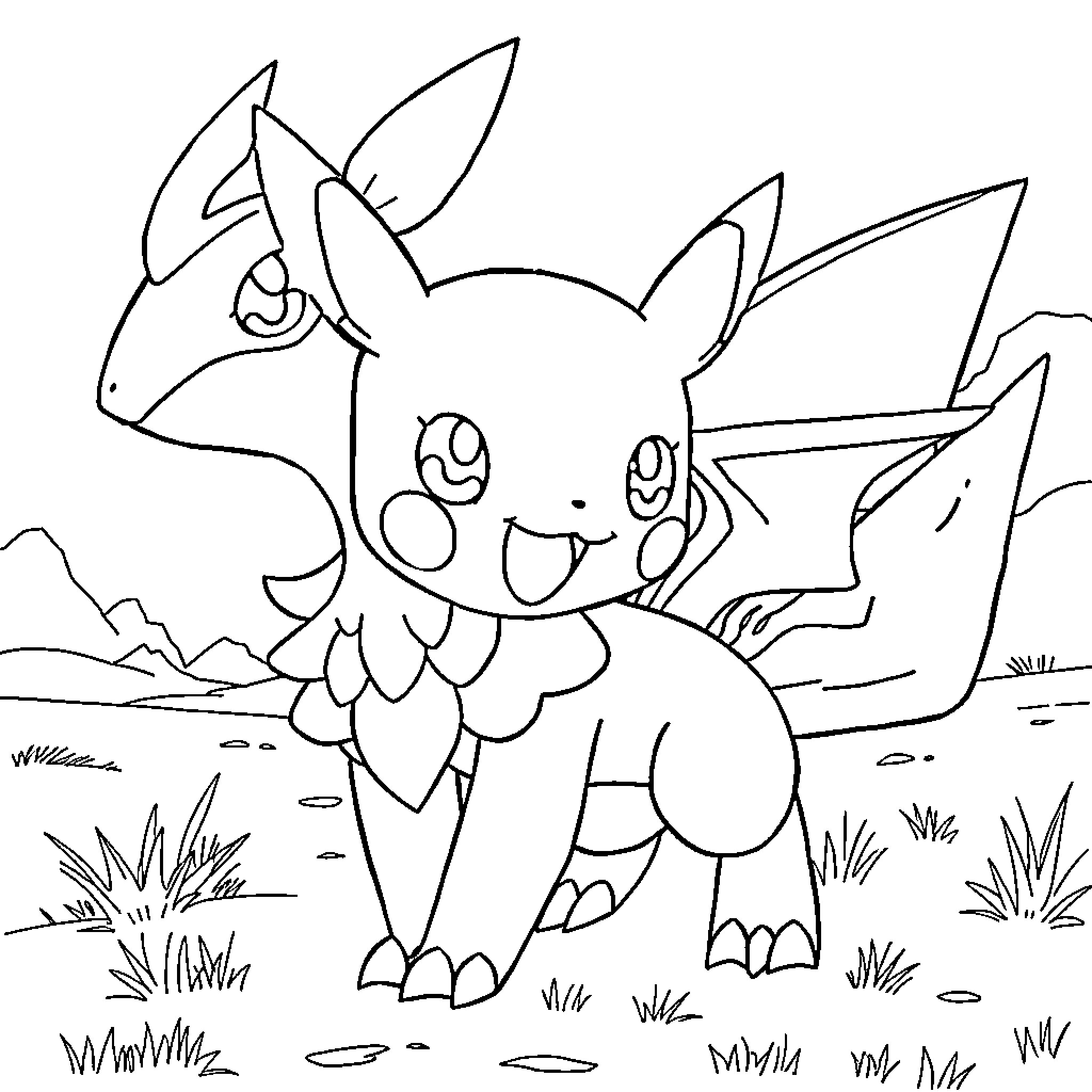 Pokémon Cute Pocket Monster in Outdoor Scene Coloring Page (free black-and-white line drawing printable PDF for all, from beginners to advanced learners, including children, teens, adults, and seniors)