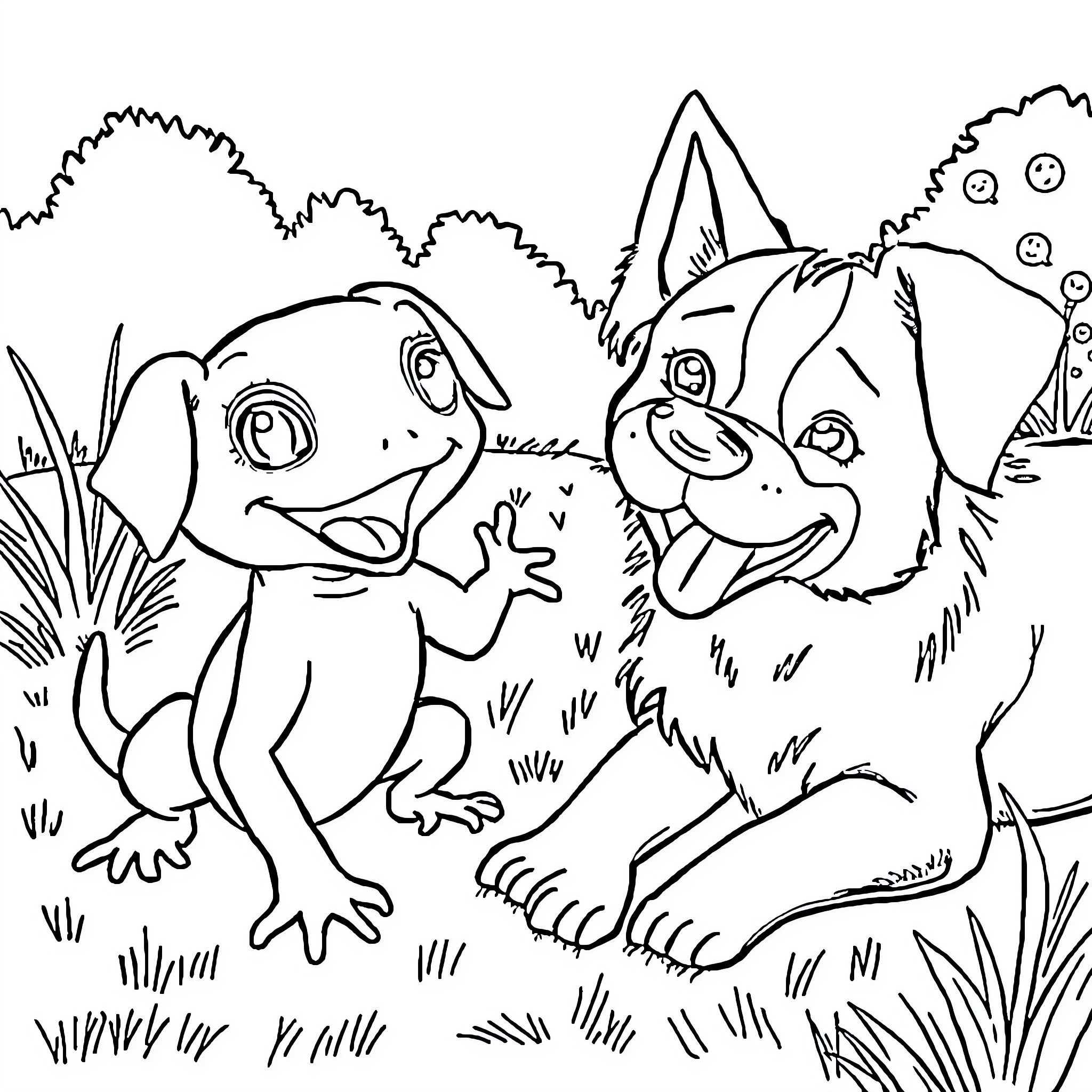 Gecko friends playing joyfully in the meadow Coloring Page (free black-and-white line drawing printable PDF for all, from beginners to advanced learners, including children, teens, adults, and seniors)