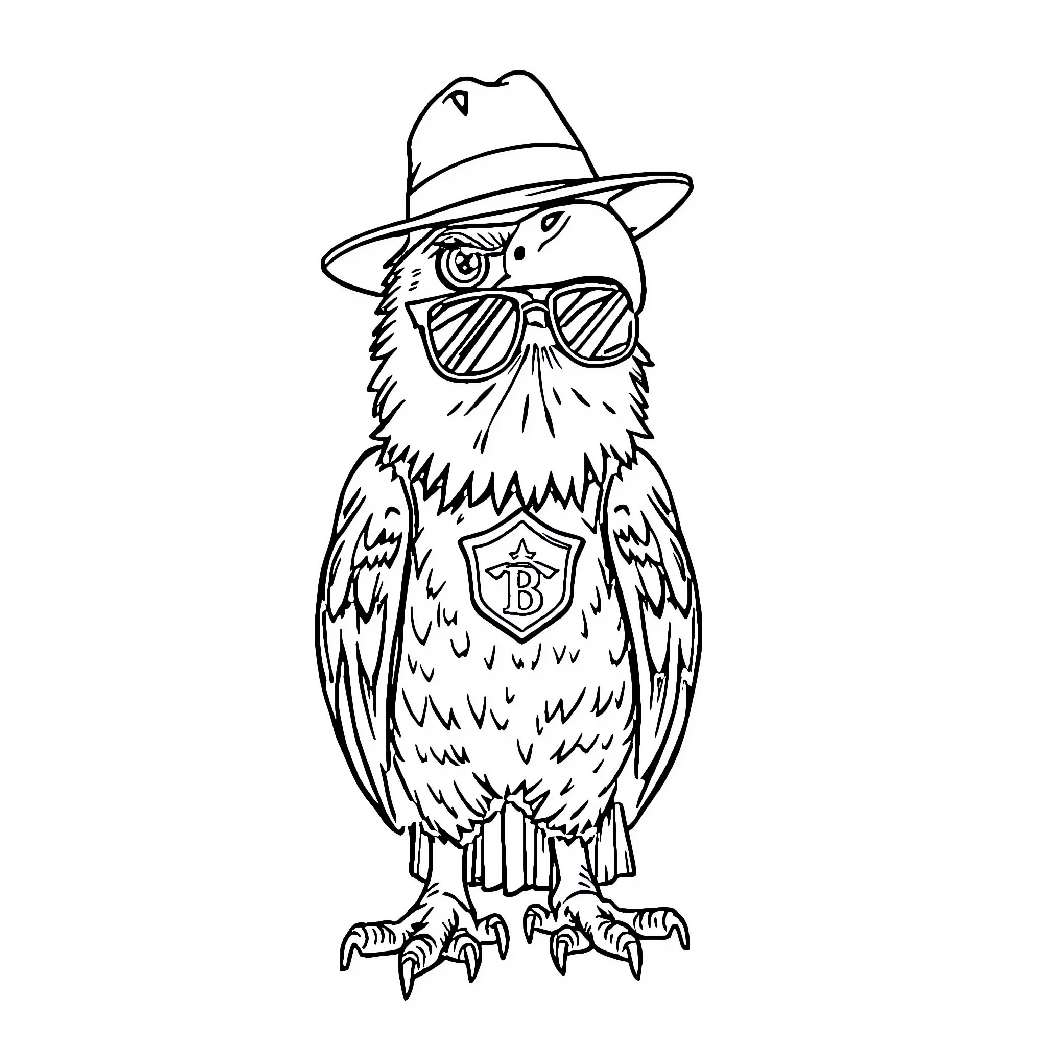 Eagle wearing a stylish hat and sunglasses Coloring Page (free black-and-white line drawing printable PDF for all, from beginners to advanced learners, including children, teens, adults, and seniors)