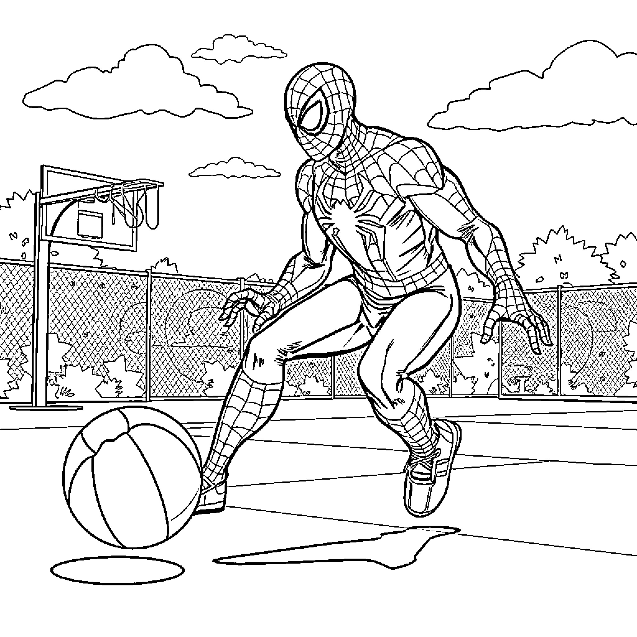 Spiderman playing basketball on the court Coloring Page (free black-and-white line drawing printable PDF for all, from beginners to advanced learners, including children, teens, adults, and seniors)