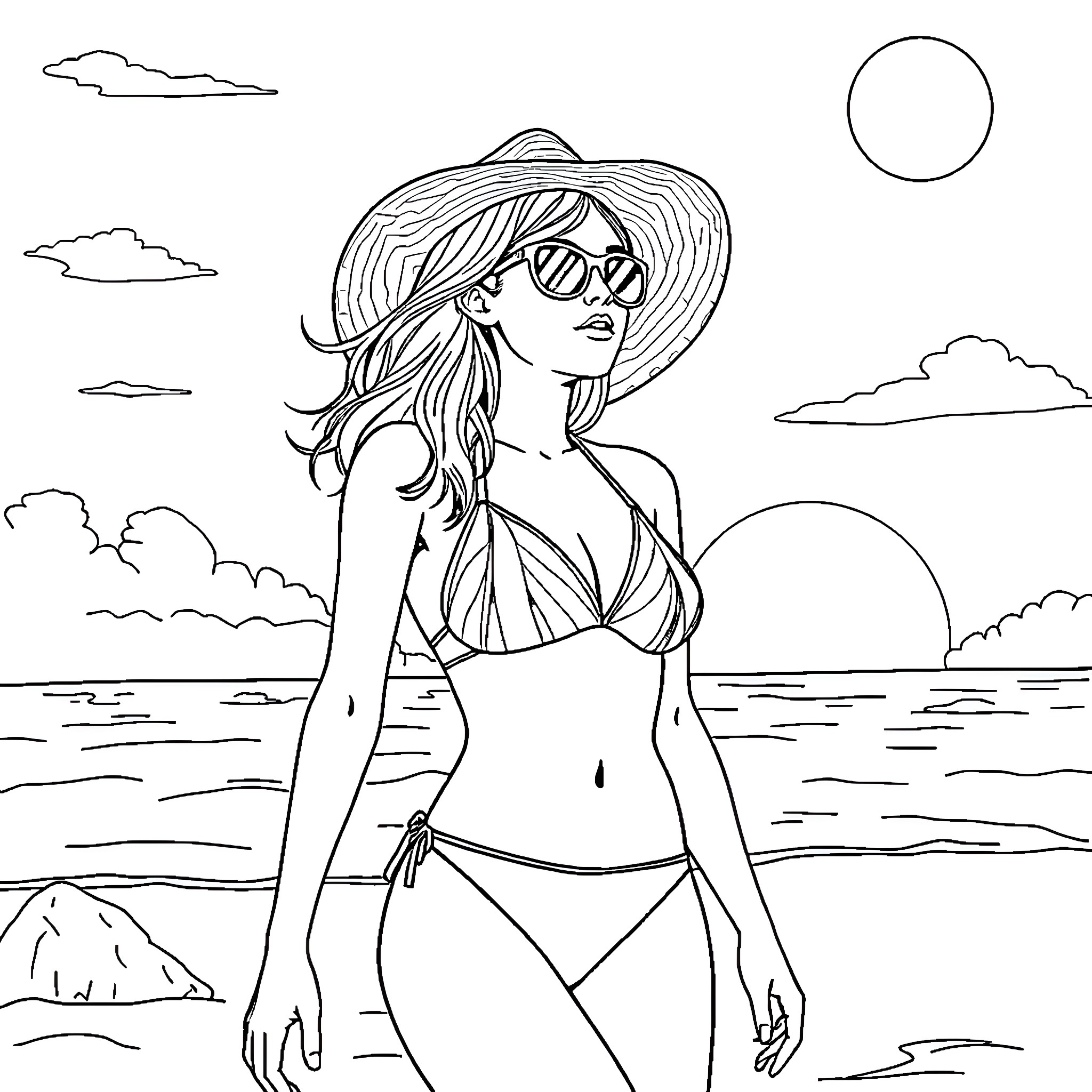 Bikini Girl Enjoying Sunny Beach Scenery Coloring Page (free black-and-white line drawing printable PDF for all, from beginners to advanced learners, including children, teens, adults, and seniors)