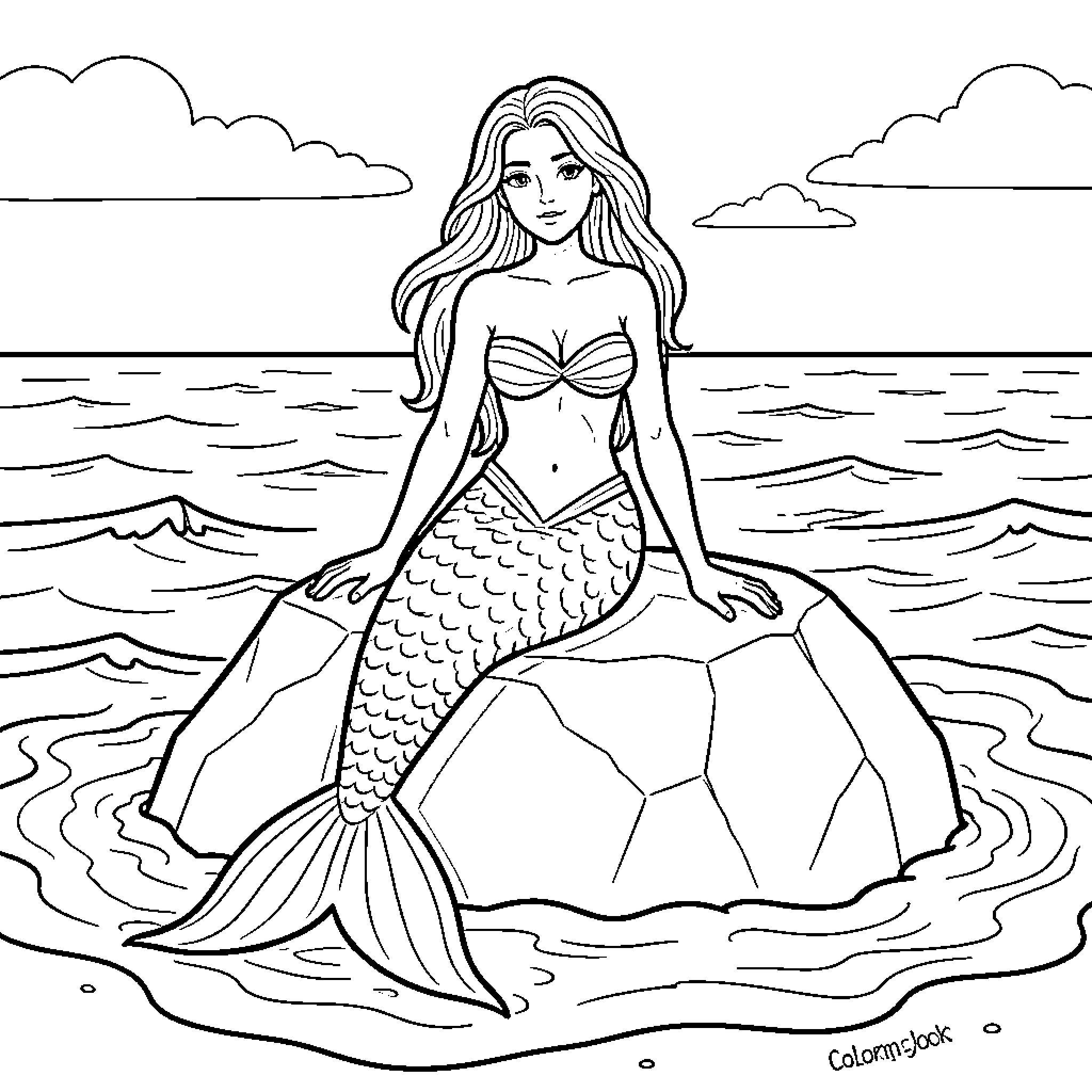Mermaid sitting gracefully on a rock in the ocean Coloring Page (free black-and-white line drawing printable PDF for all, from beginners to advanced learners, including children, teens, adults, and seniors)