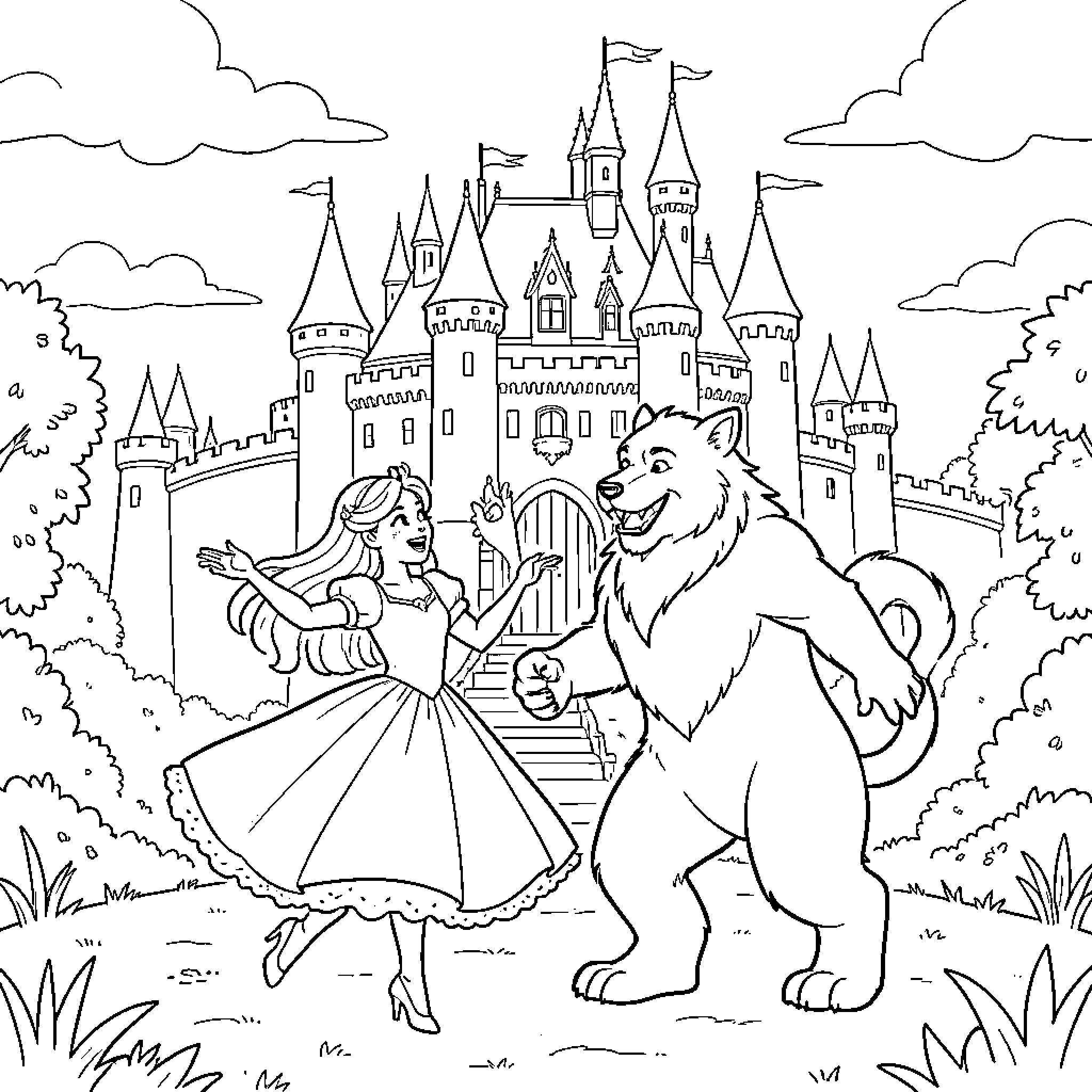 Raiponce's Enchanting Castle Adventure Coloring Page (free black-and-white line drawing printable PDF for all, from beginners to advanced learners, including children, teens, adults, and seniors)