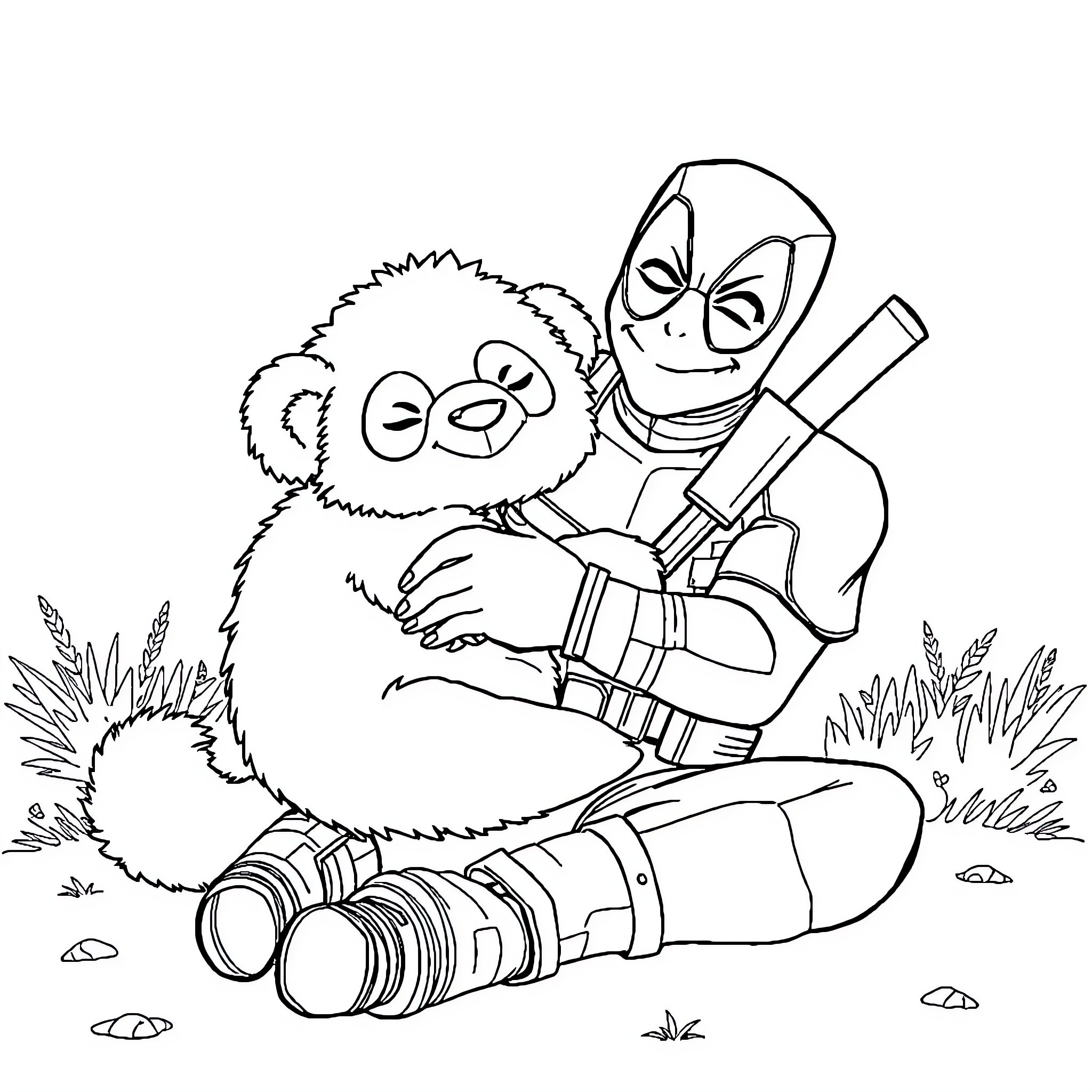 Deadpool embracing a cuddly companion in the outdoors Coloring Page (free black-and-white line drawing printable PDF for all, from beginners to advanced learners, including children, teens, adults, and seniors)
