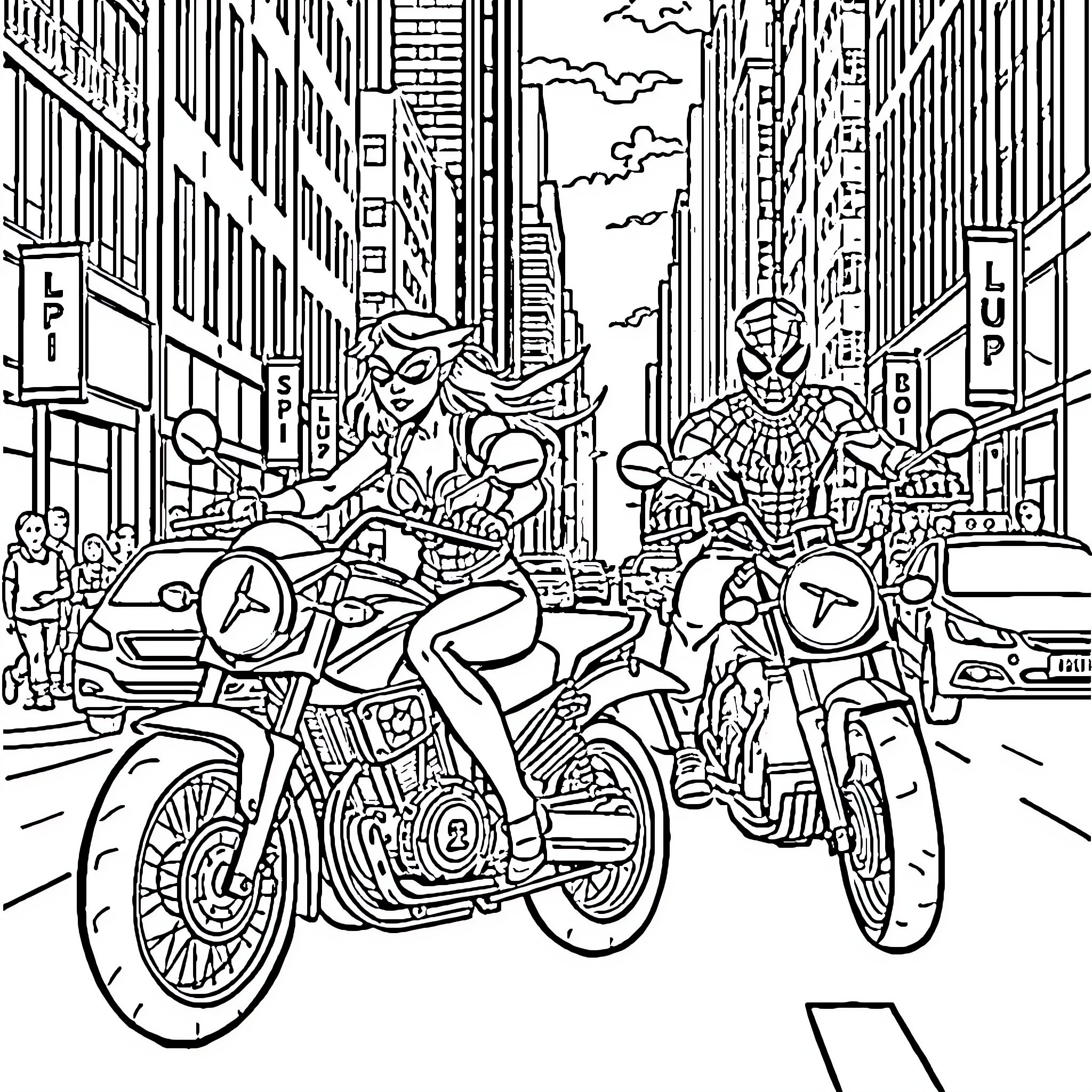 Cat Woman and Spiderman on Motorcycles in City Coloring Page (free black-and-white line drawing printable PDF for all, from beginners to advanced learners, including children, teens, adults, and seniors)