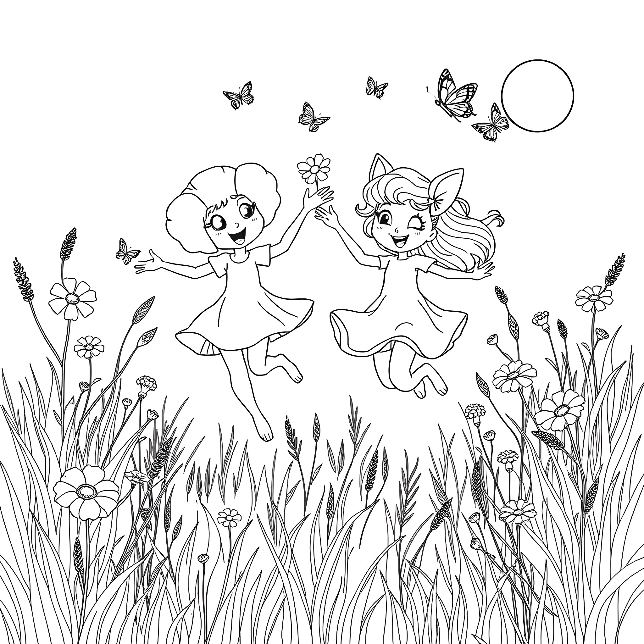 Poppy Fairies Frolicking in the Meadow Coloring Page (free black-and-white line drawing printable PDF for all, from beginners to advanced learners, including children, teens, adults, and seniors)
