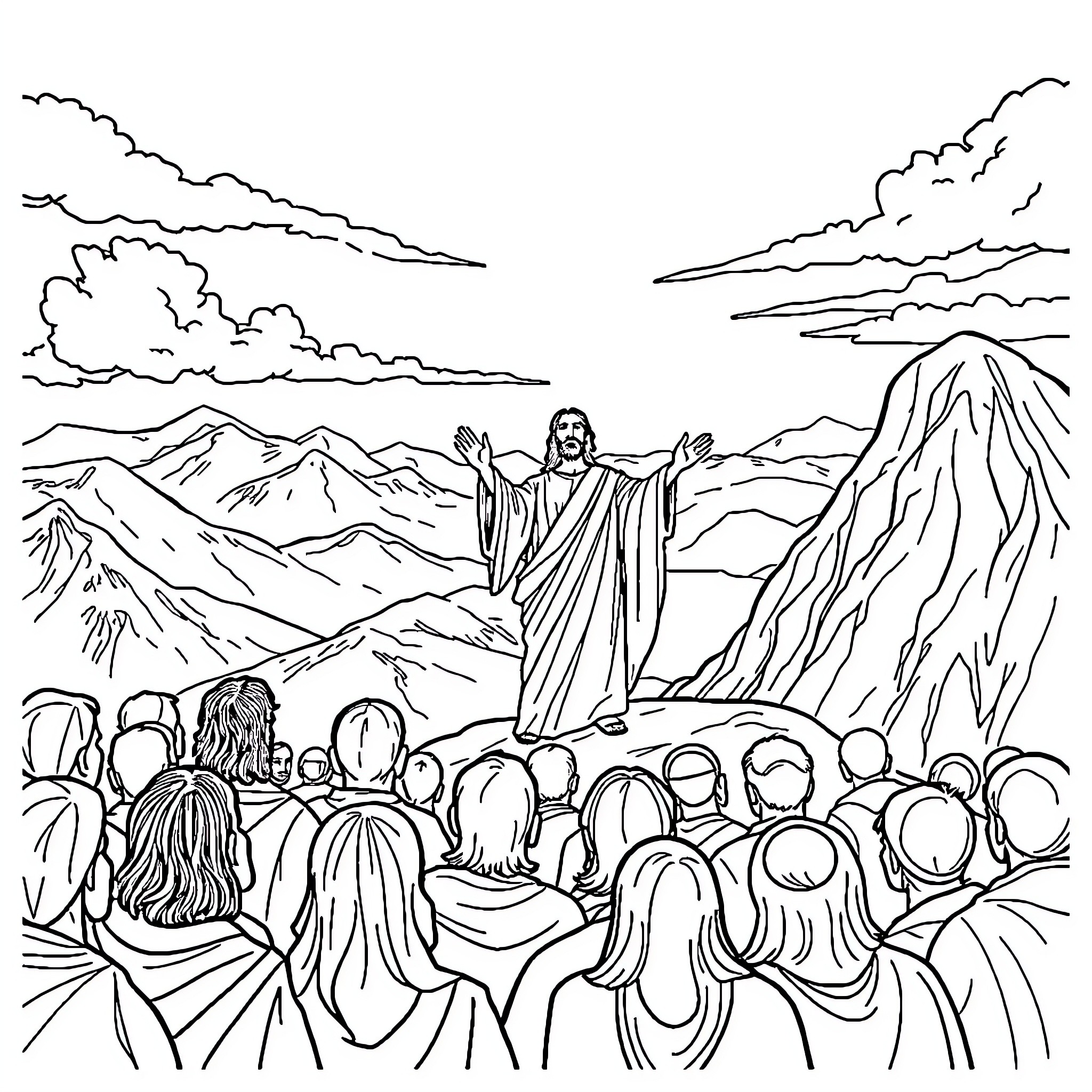Jesus teaching his followers in the wilderness Coloring Page (free black-and-white line drawing printable PDF for all, from beginners to advanced learners, including children, teens, adults, and seniors)