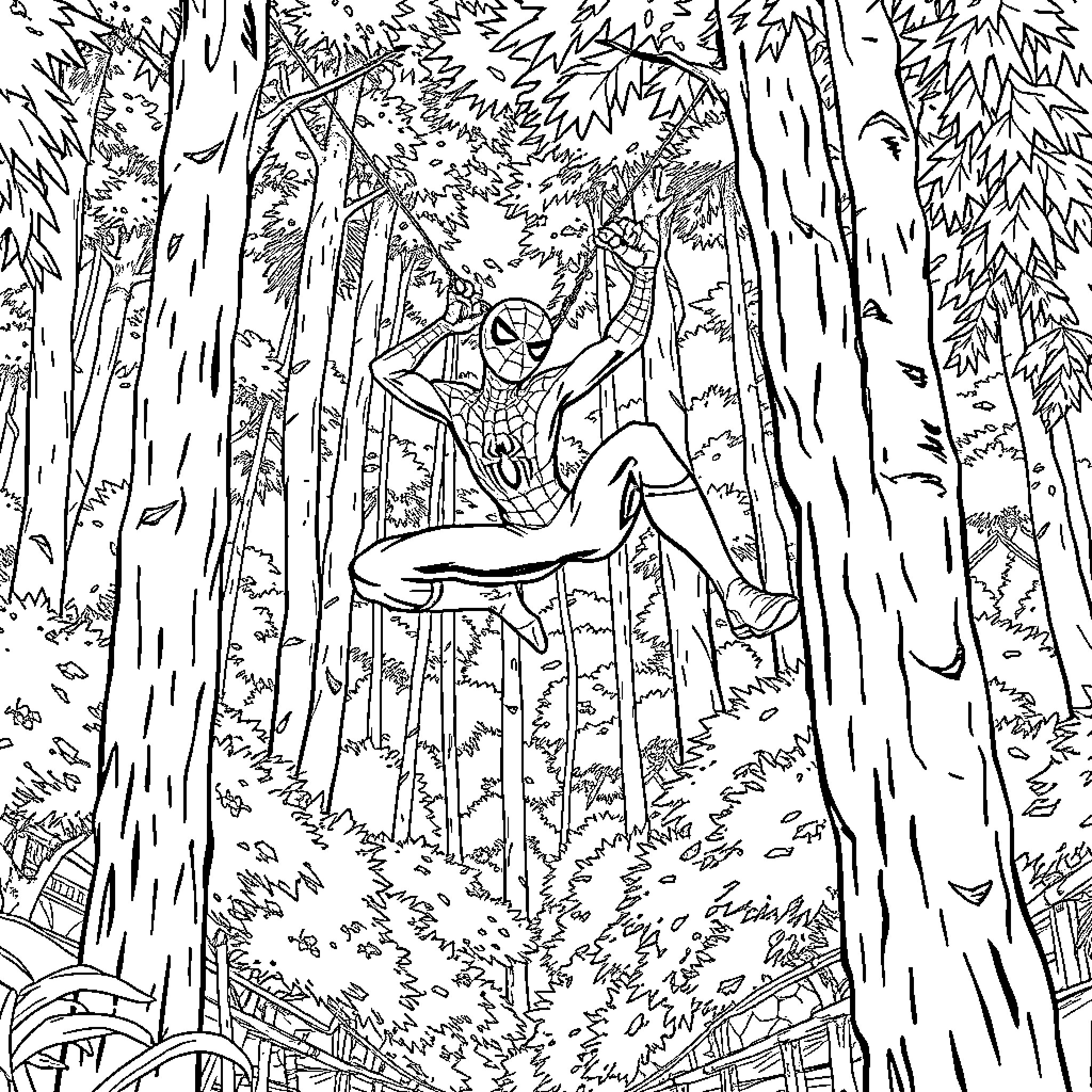 Spiderman swinging through the forest Coloring Page (free black-and-white line drawing printable PDF for all, from beginners to advanced learners, including children, teens, adults, and seniors)