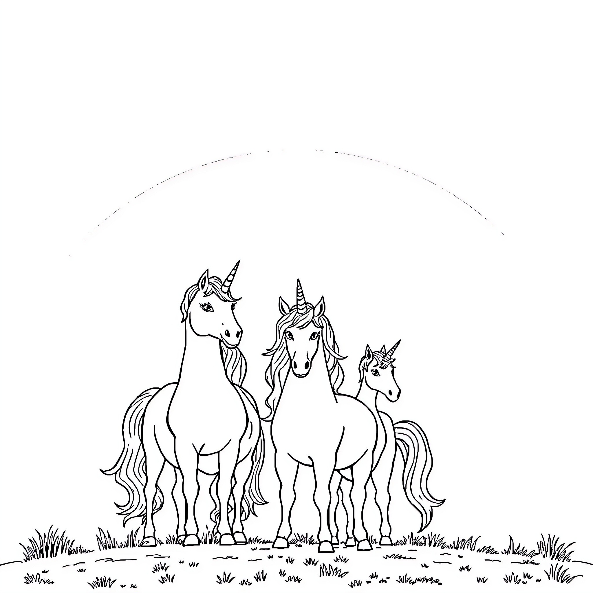 Unicorn family posing in a field Coloring Page (free black-and-white line drawing printable PDF for all, from beginners to advanced learners, including children, teens, adults, and seniors)
