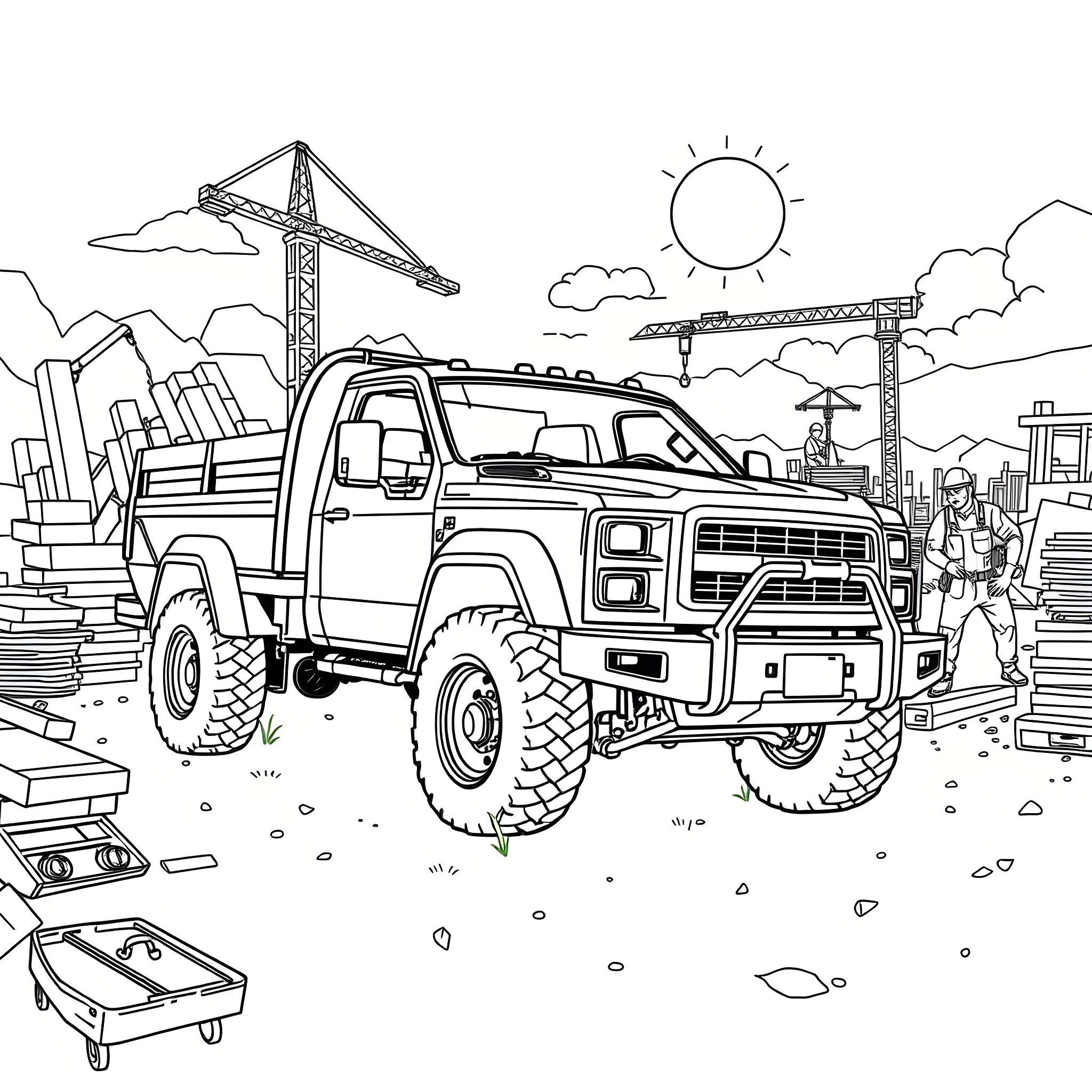 Pick Up Truck at a Construction Site Coloring Page (free black-and-white line drawing printable PDF for all, from beginners to advanced learners, including children, teens, adults, and seniors)
